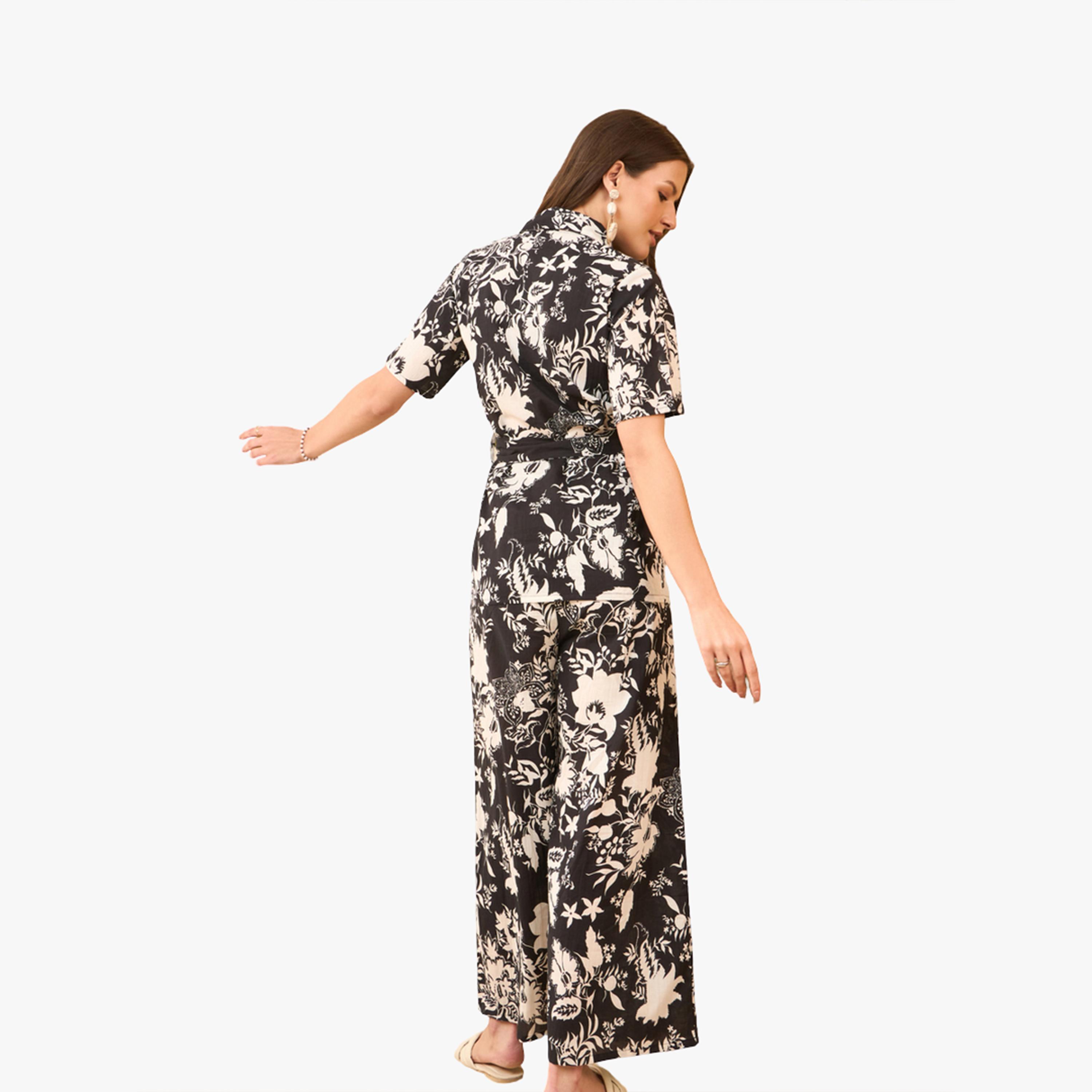 Imana X Styli Black Floral Cotton Shirt with Belt and Trousers Co-Ords-women-clothing-coordsets-image-2
