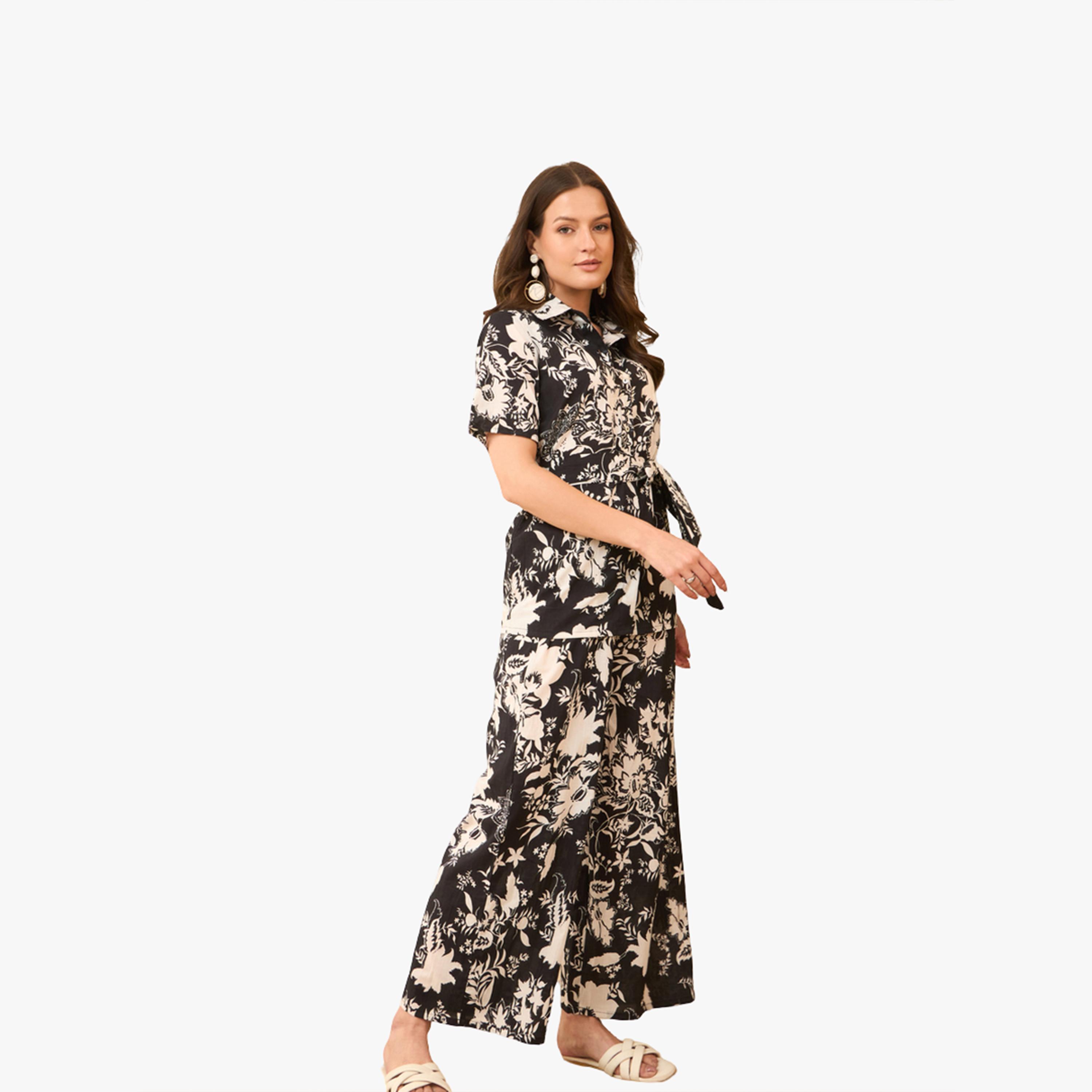 Imana X Styli Black Floral Cotton Shirt with Belt and Trousers Co-Ords-women-clothing-coordsets-image-3