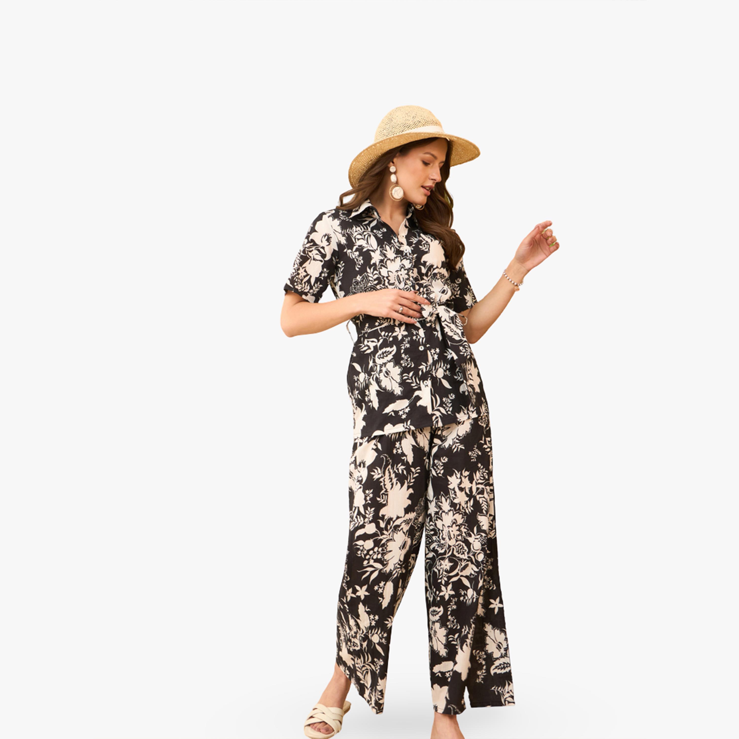 Imana X Styli Black Floral Cotton Shirt with Belt and Trousers Co-Ords-women-clothing-coordsets-image-4