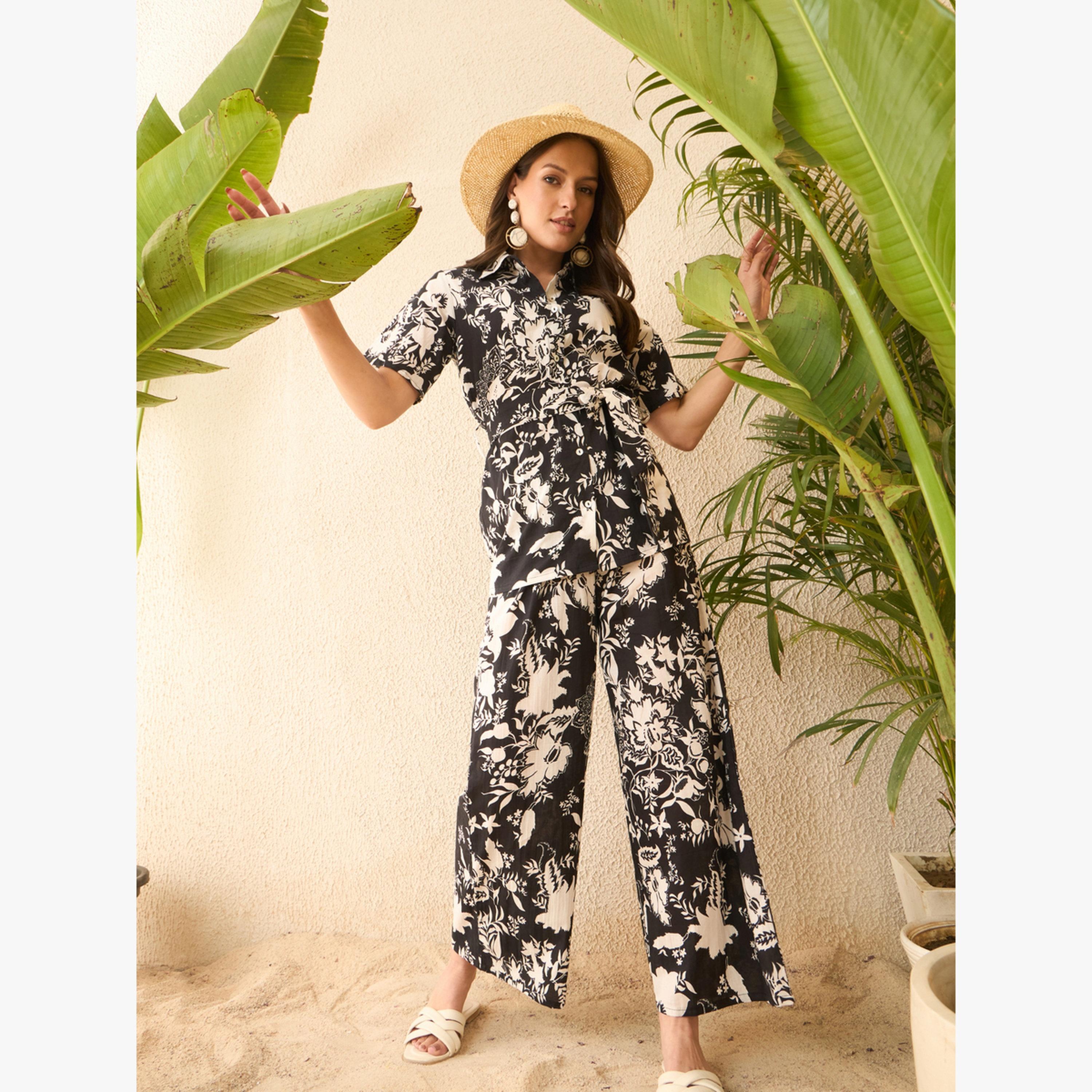 Imana X Styli Black Floral Cotton Shirt with Belt and Trousers Co-Ords-women-clothing-coordsets-image-5