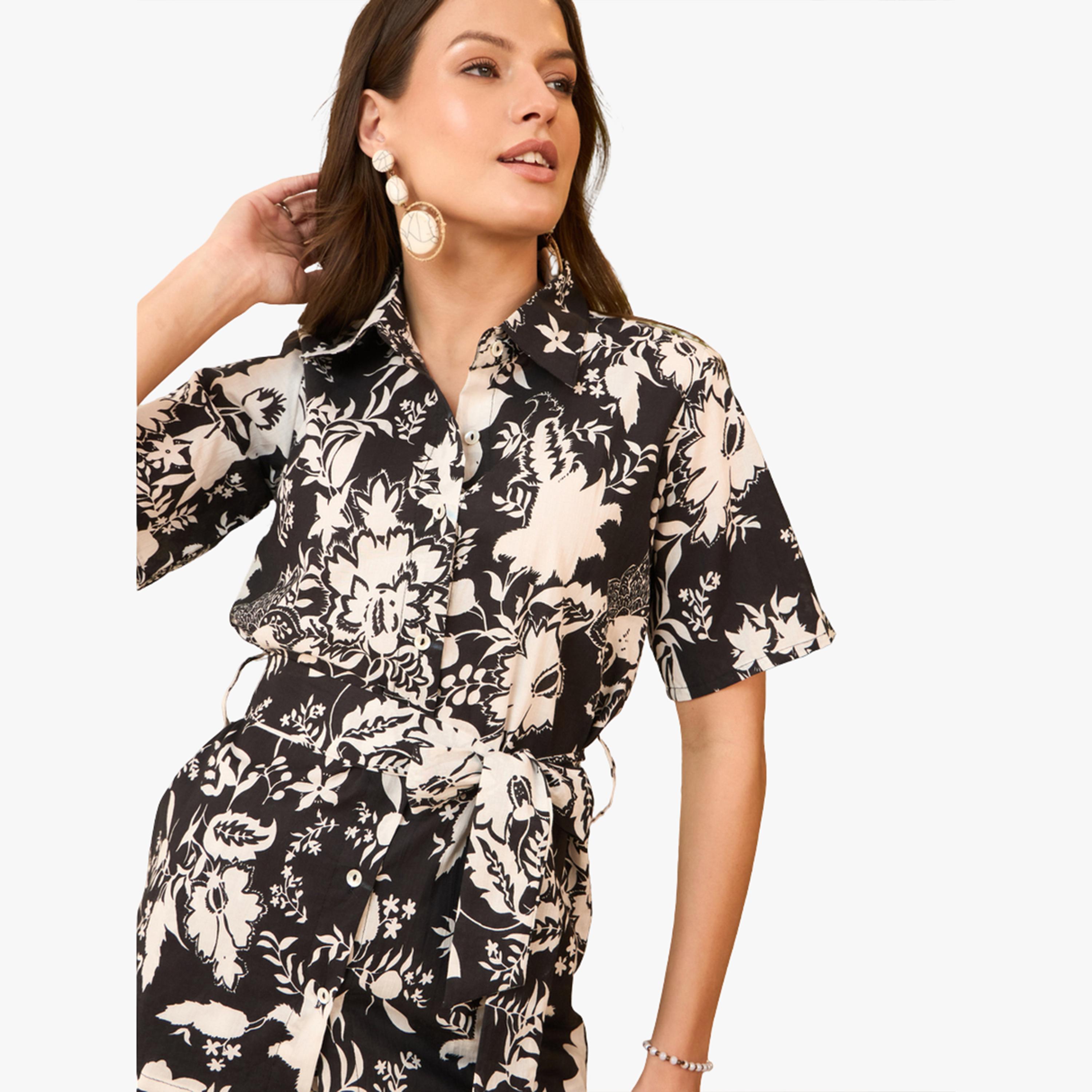 Imana X Styli Black Floral Cotton Shirt with Belt and Trousers Co-Ords-women-clothing-coordsets-image-6