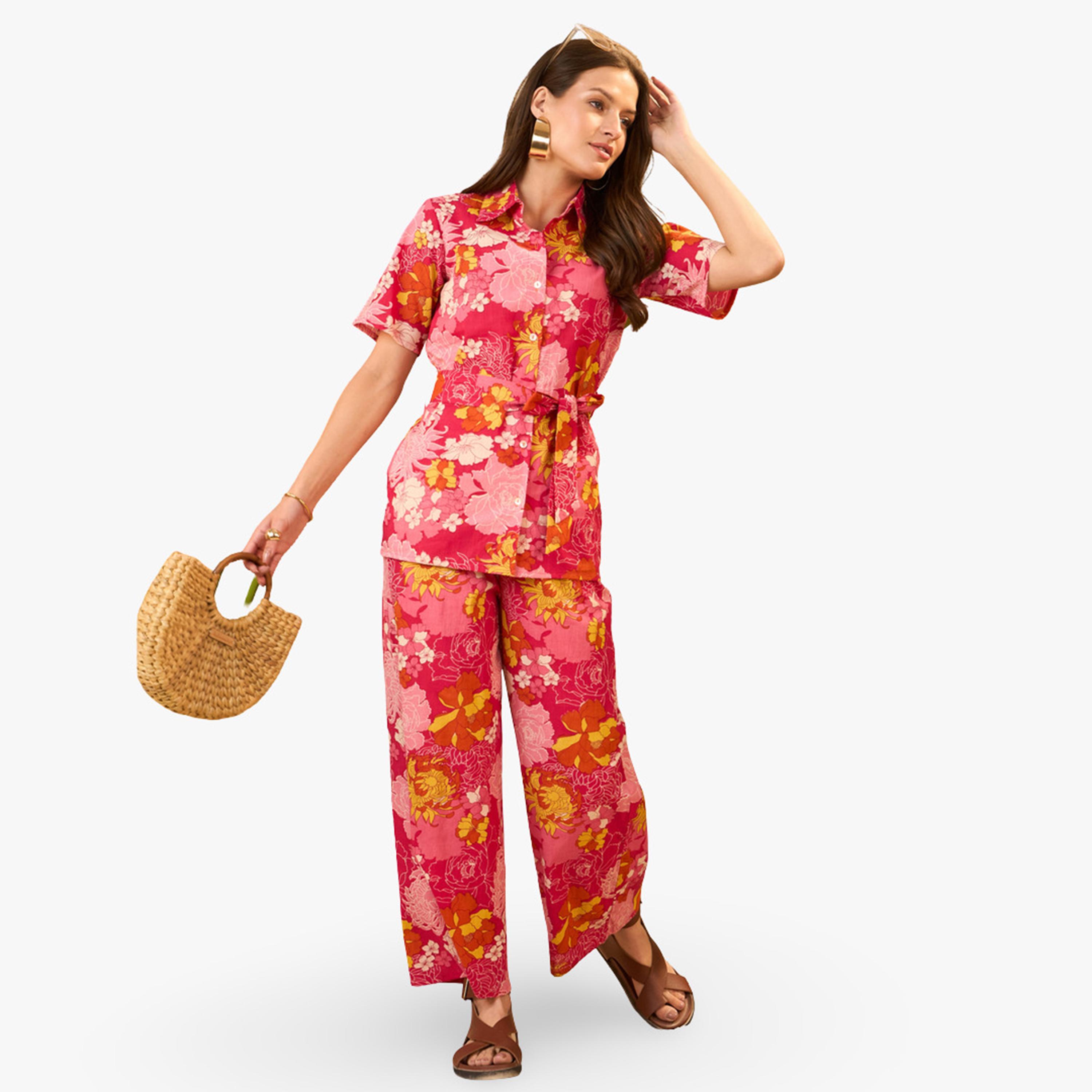Imana X Styli Pink Floral Cotton Shirt with Trousers Co-Ords-women-clothing-coordsets-image-1