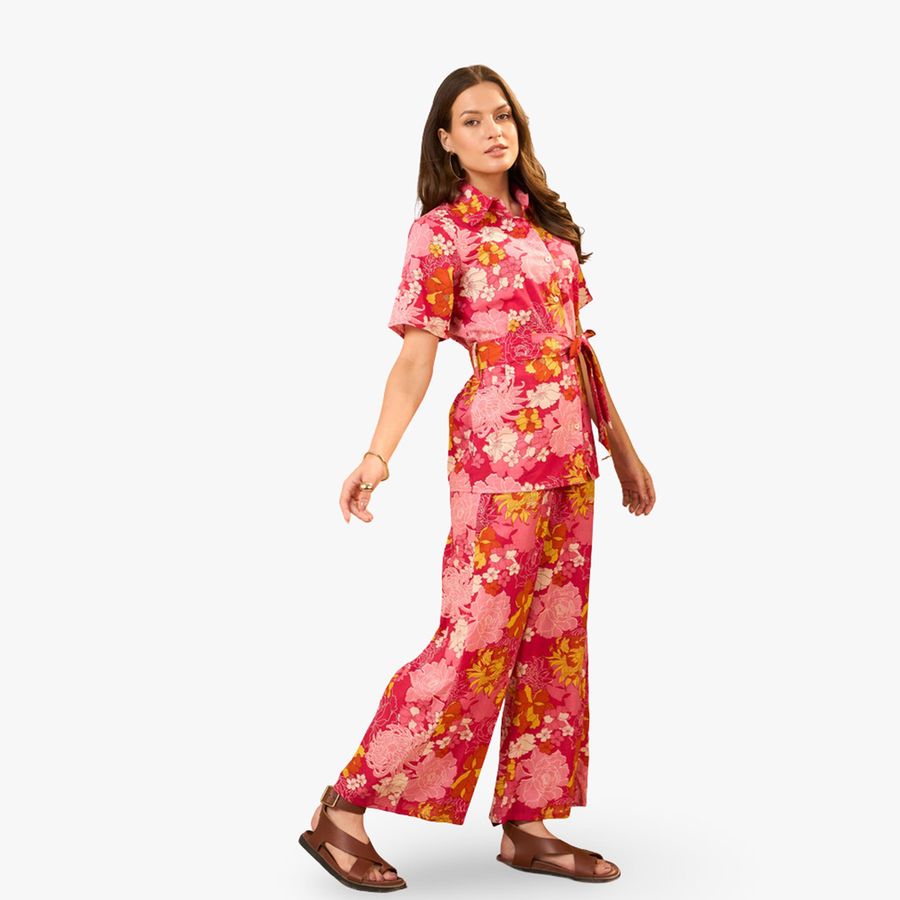 طقم منسق من بنطال وقميص قطن بطبعة زهور-women-clothing-coordsets-image-3