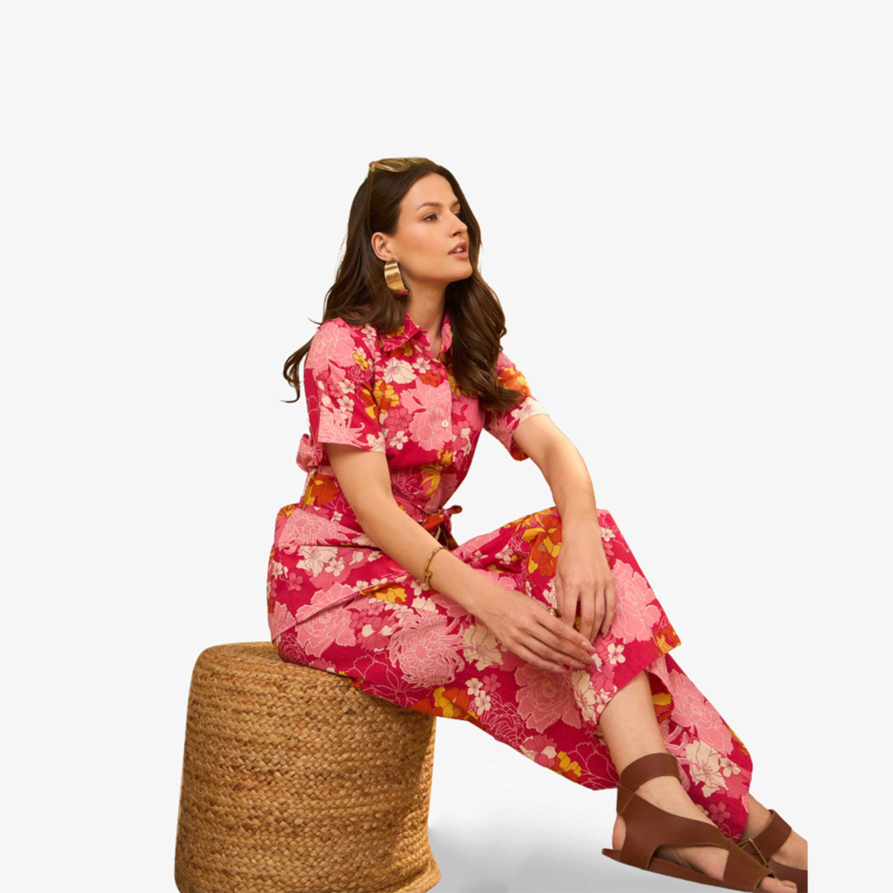 طقم منسق من بنطال وقميص قطن بطبعة زهور-women-clothing-coordsets-image-4