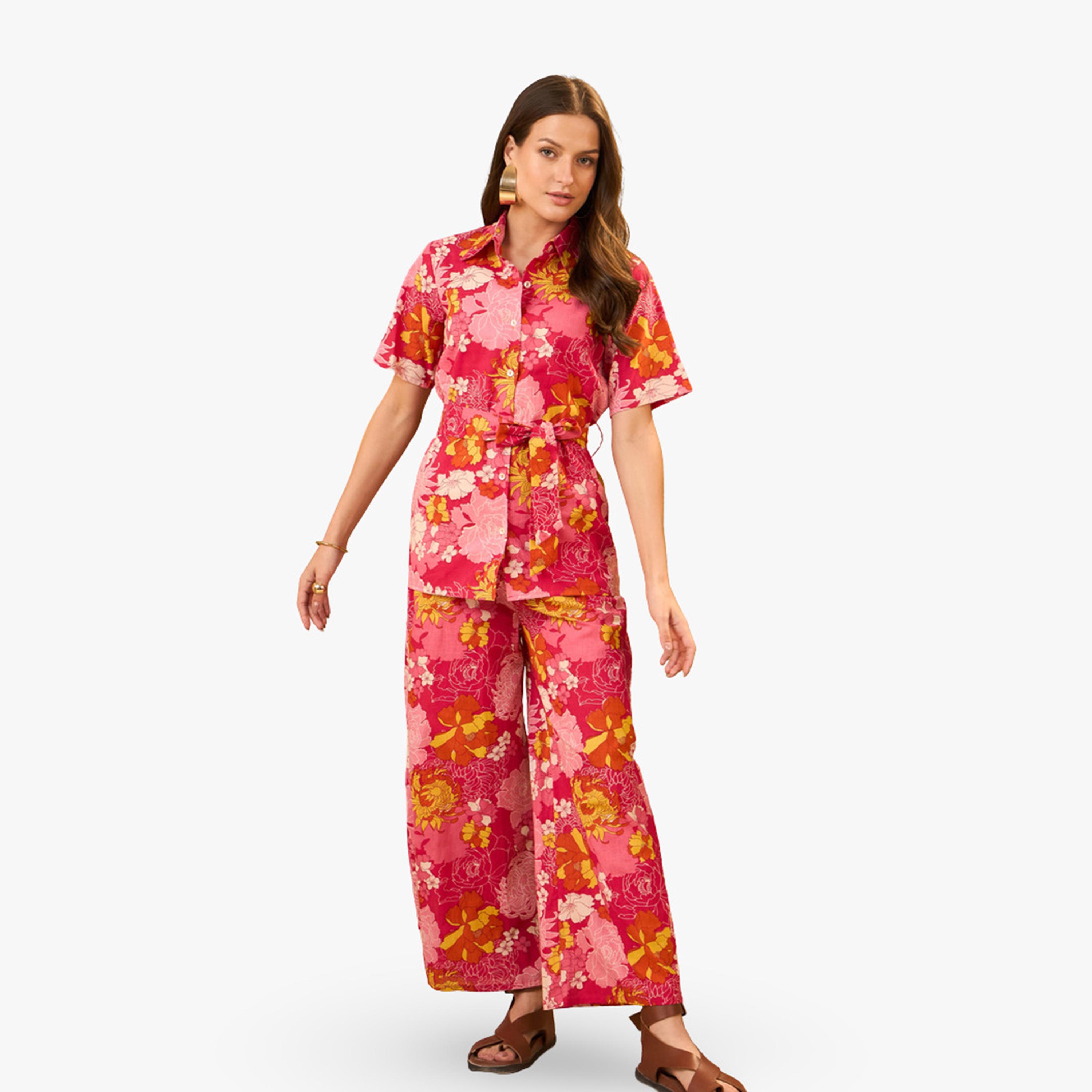 Imana X Styli Pink Floral Cotton Shirt with Trousers Co-Ords-women-clothing-coordsets-image-5
