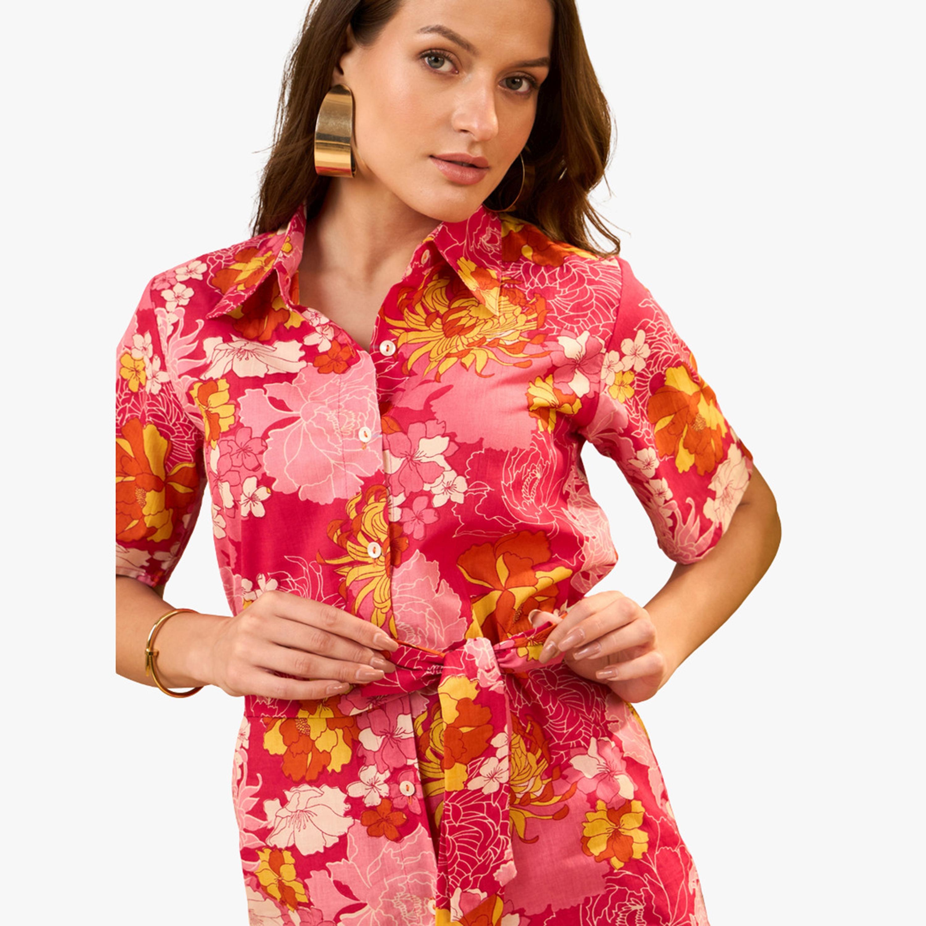 Imana X Styli Pink Floral Cotton Shirt with Trousers Co-Ords-women-clothing-coordsets-image-6