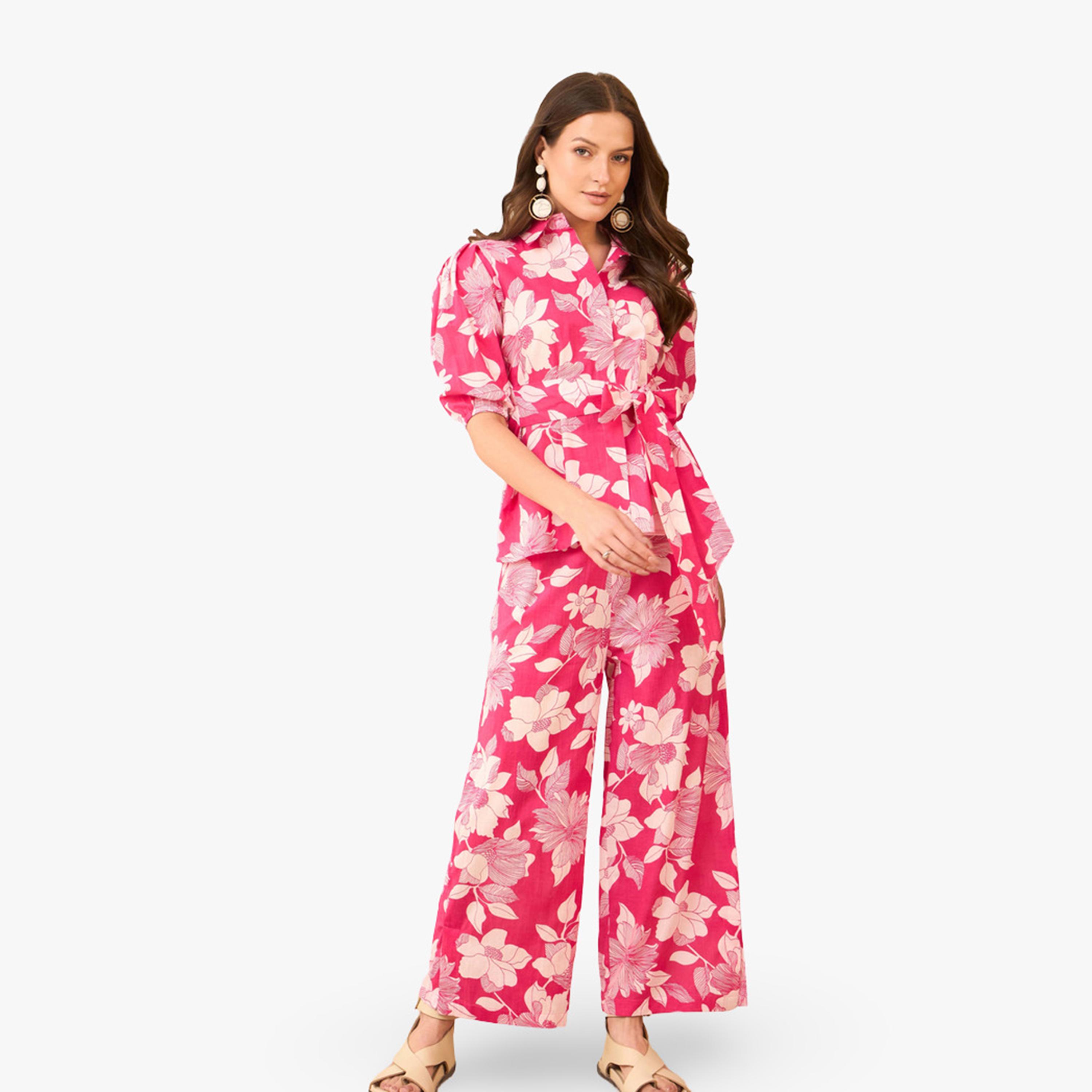 Imana X Styli Pink Floral Printed Pure Cotton Shirt with Trousers Co-Ords-women-clothing-coordsets-image-1
