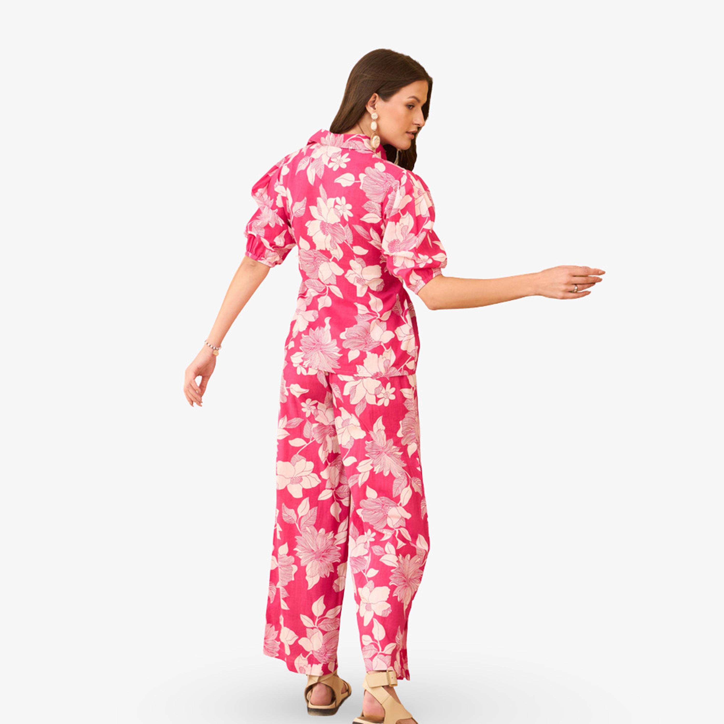 Imana X Styli Pink Floral Printed Pure Cotton Shirt with Trousers Co-Ords-women-clothing-coordsets-image-2