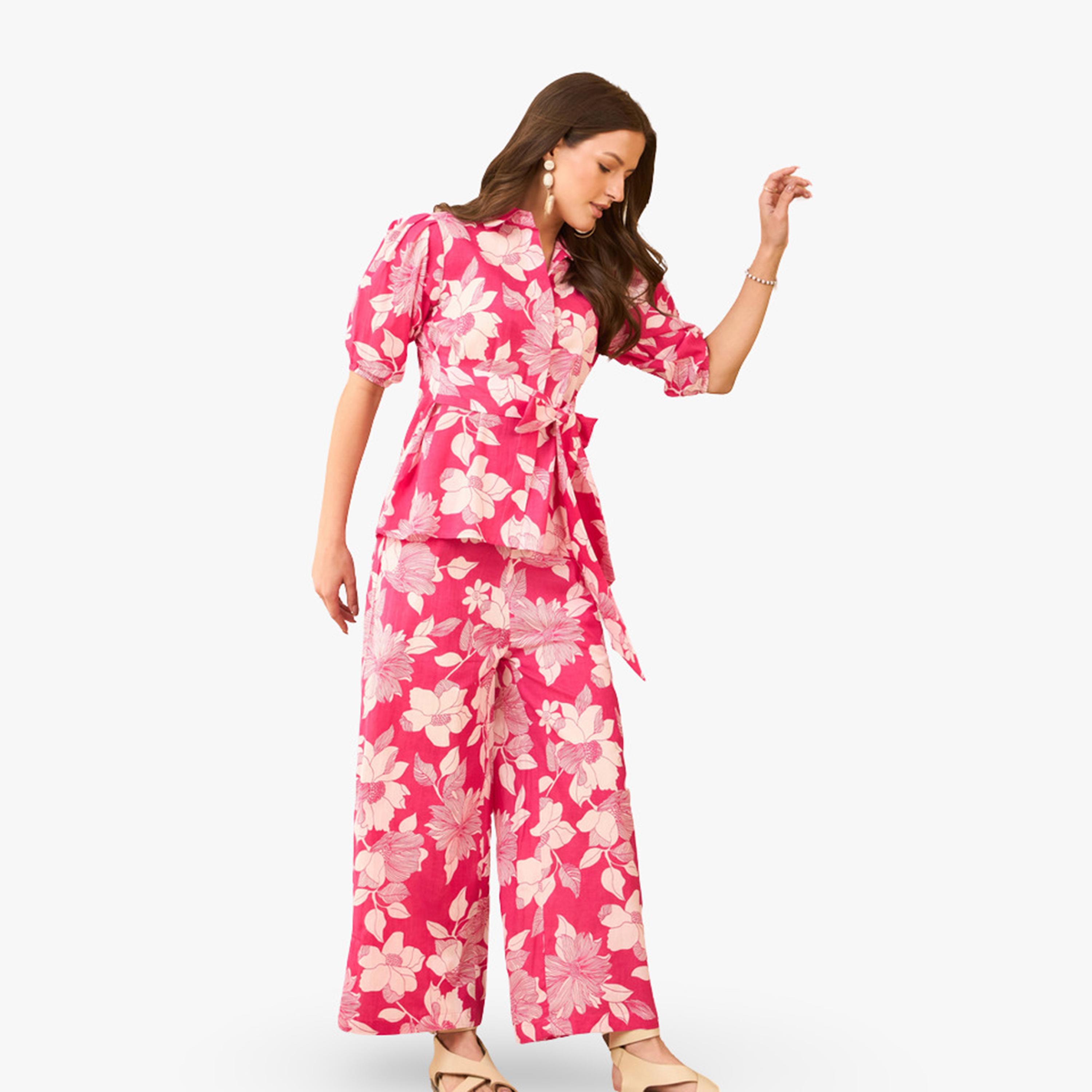 Imana X Styli Pink Floral Printed Pure Cotton Shirt with Trousers Co-Ords-women-clothing-coordsets-image-3