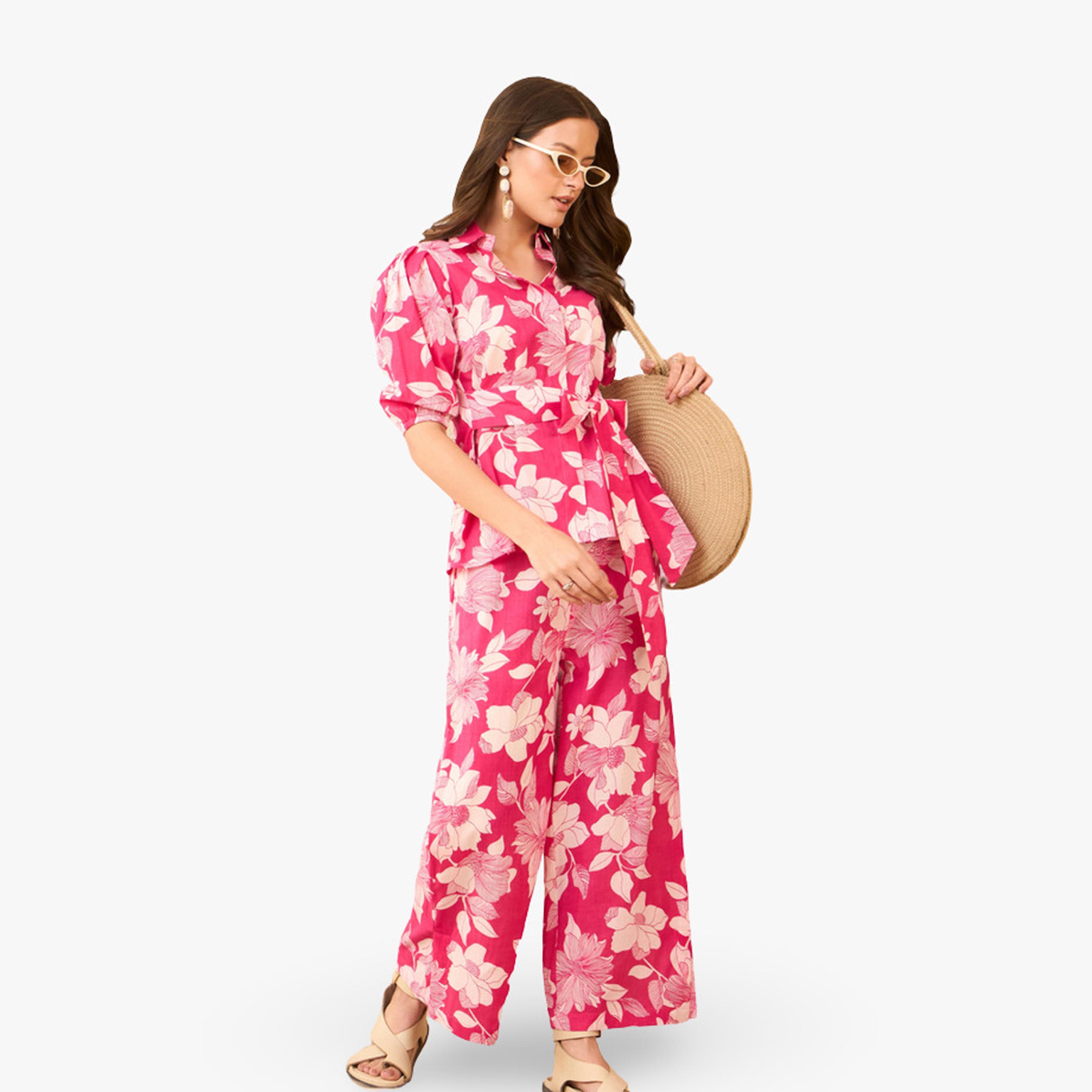 Imana X Styli Pink Floral Printed Pure Cotton Shirt with Trousers Co-Ords-women-clothing-coordsets-image-4