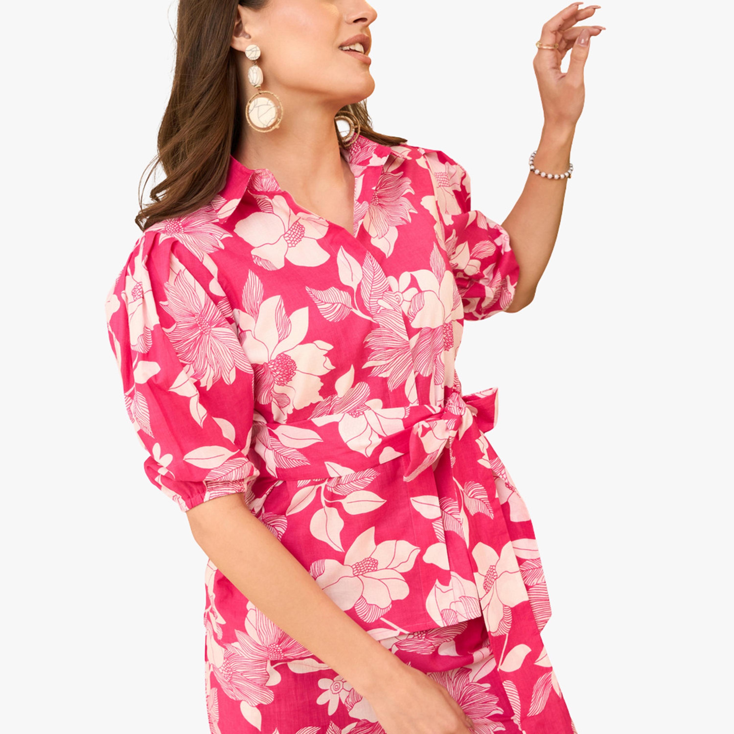 Imana X Styli Pink Floral Printed Pure Cotton Shirt with Trousers Co-Ords-women-clothing-coordsets-image-6