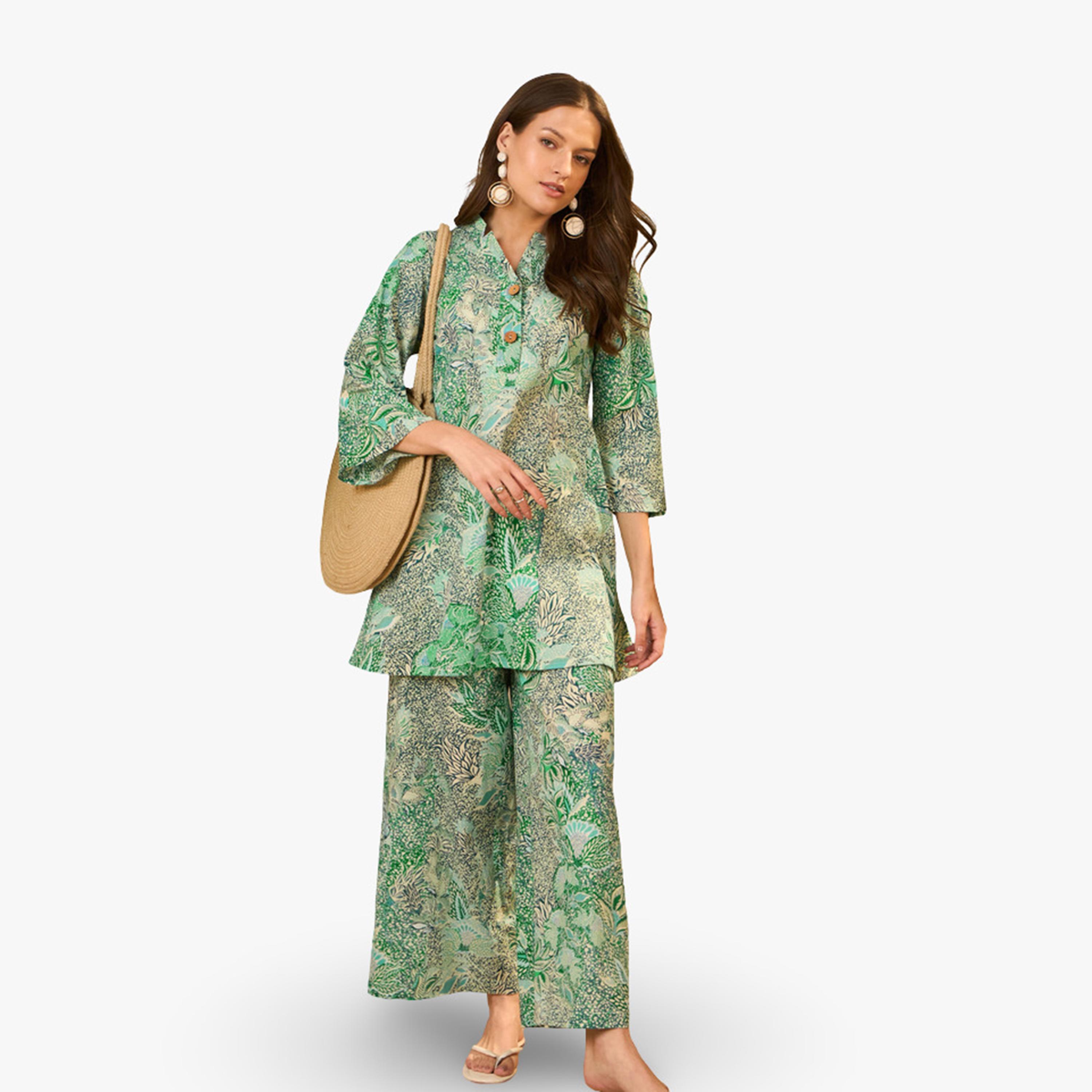 طقم منسق من بنطال مستقيم وبلوزة كورتي قطن خالص بطبعة زهور-women-clothing-coordsets-image-5