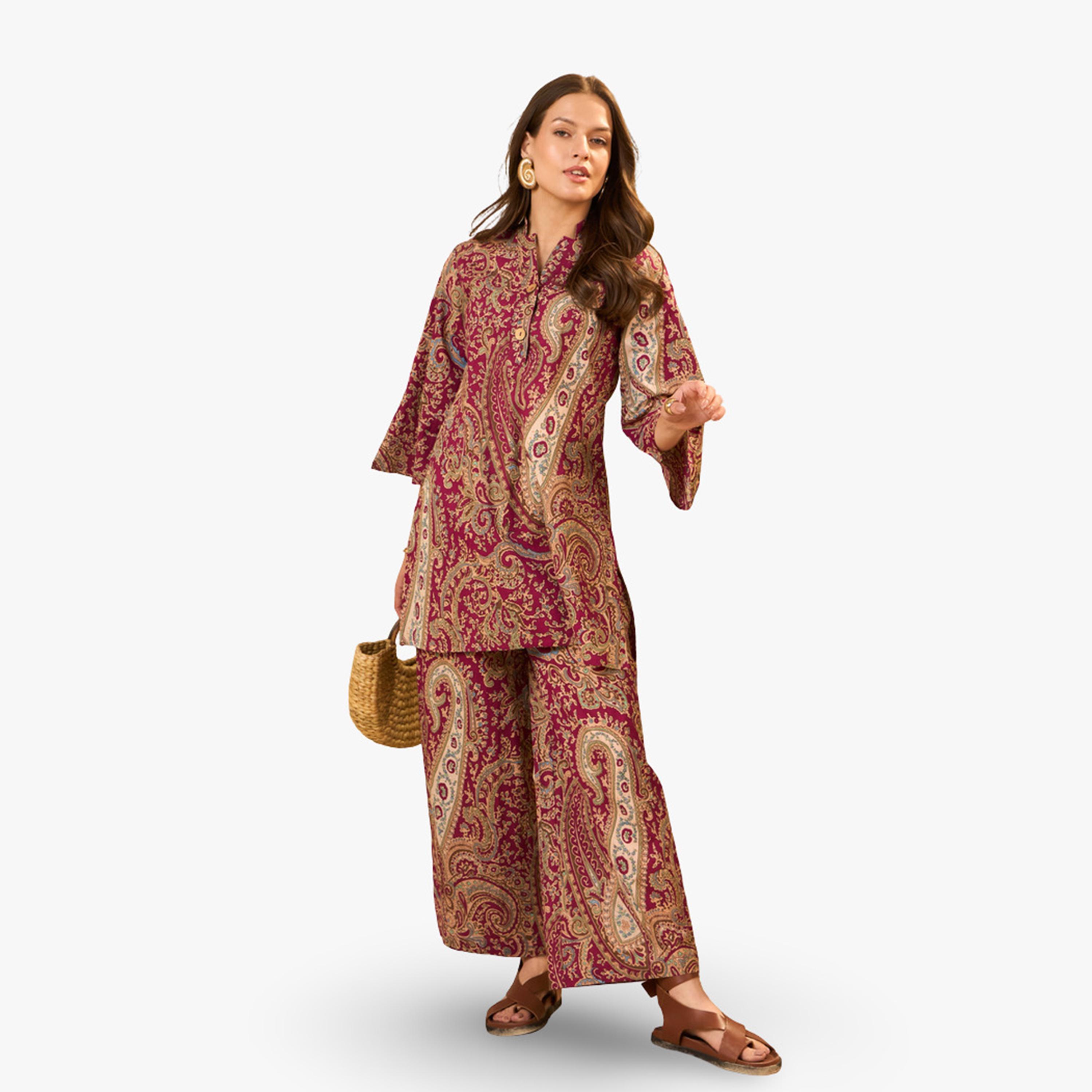 Imana X Styli Maroon Paisley Pure Cotton Kurti and Straight Trousers Co-Ords-women-clothing-coordsets-image-1