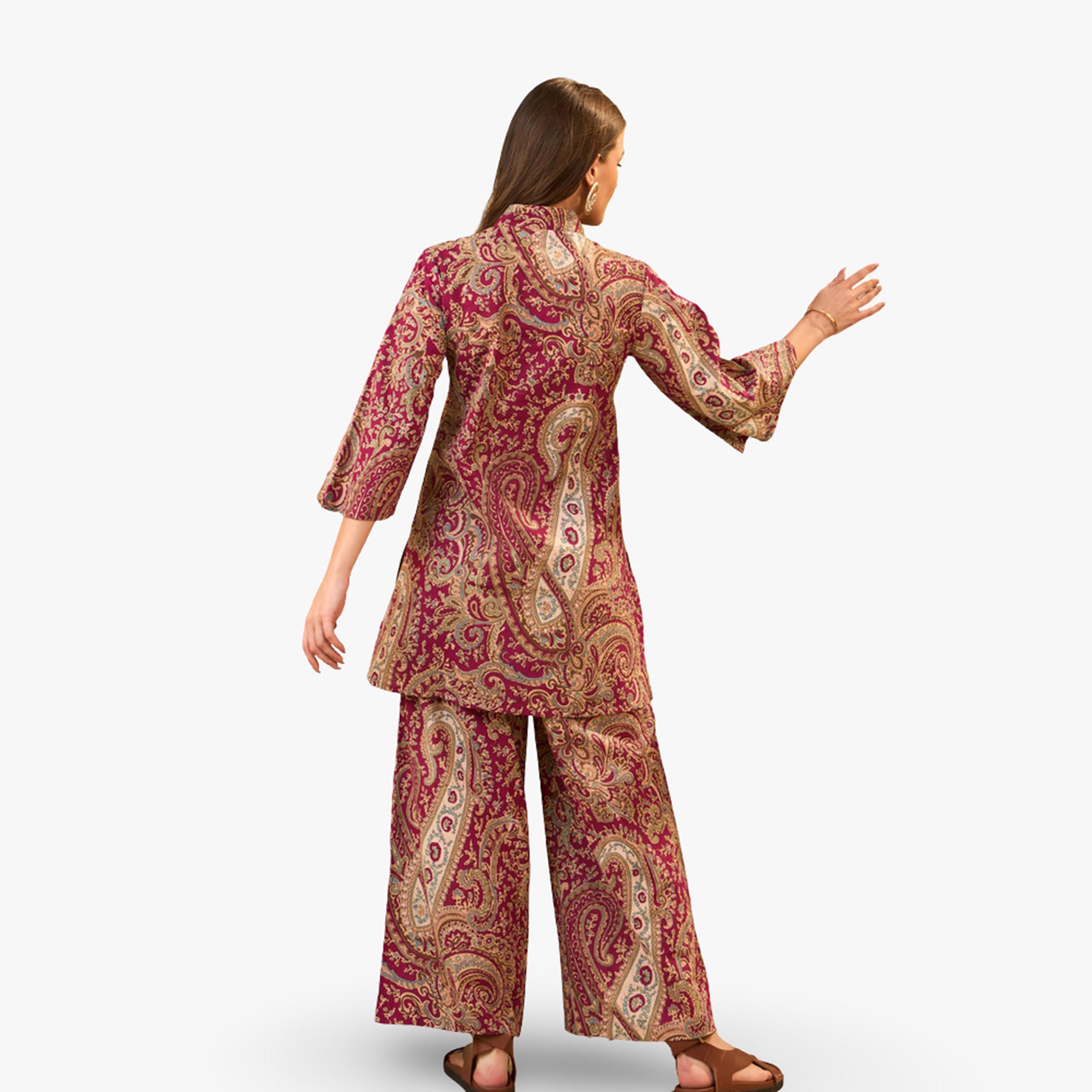 Imana X Styli Maroon Paisley Pure Cotton Kurti and Straight Trousers Co-Ords-women-clothing-coordsets-image-2