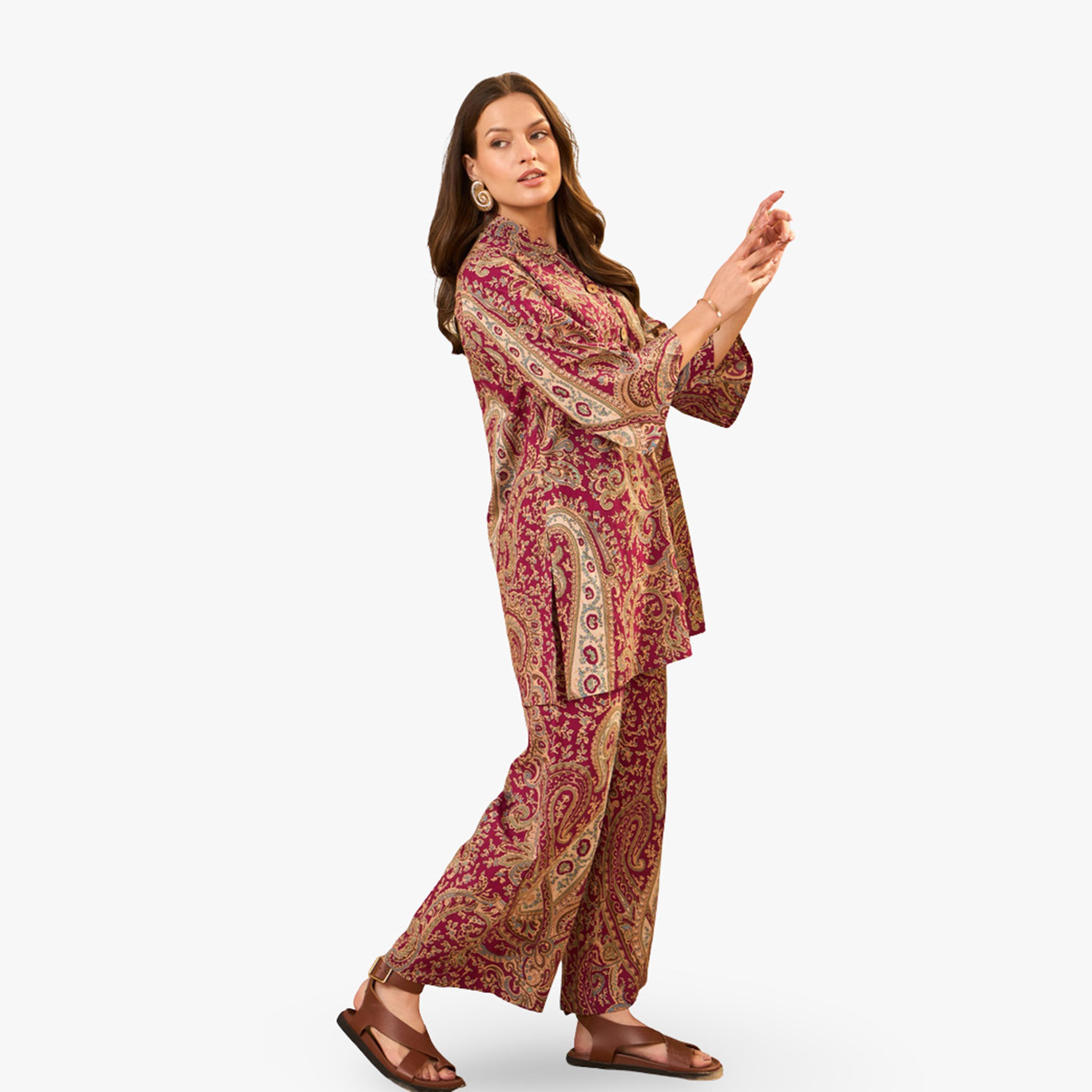 Imana X Styli Maroon Paisley Pure Cotton Kurti and Straight Trousers Co-Ords-women-clothing-coordsets-image-3
