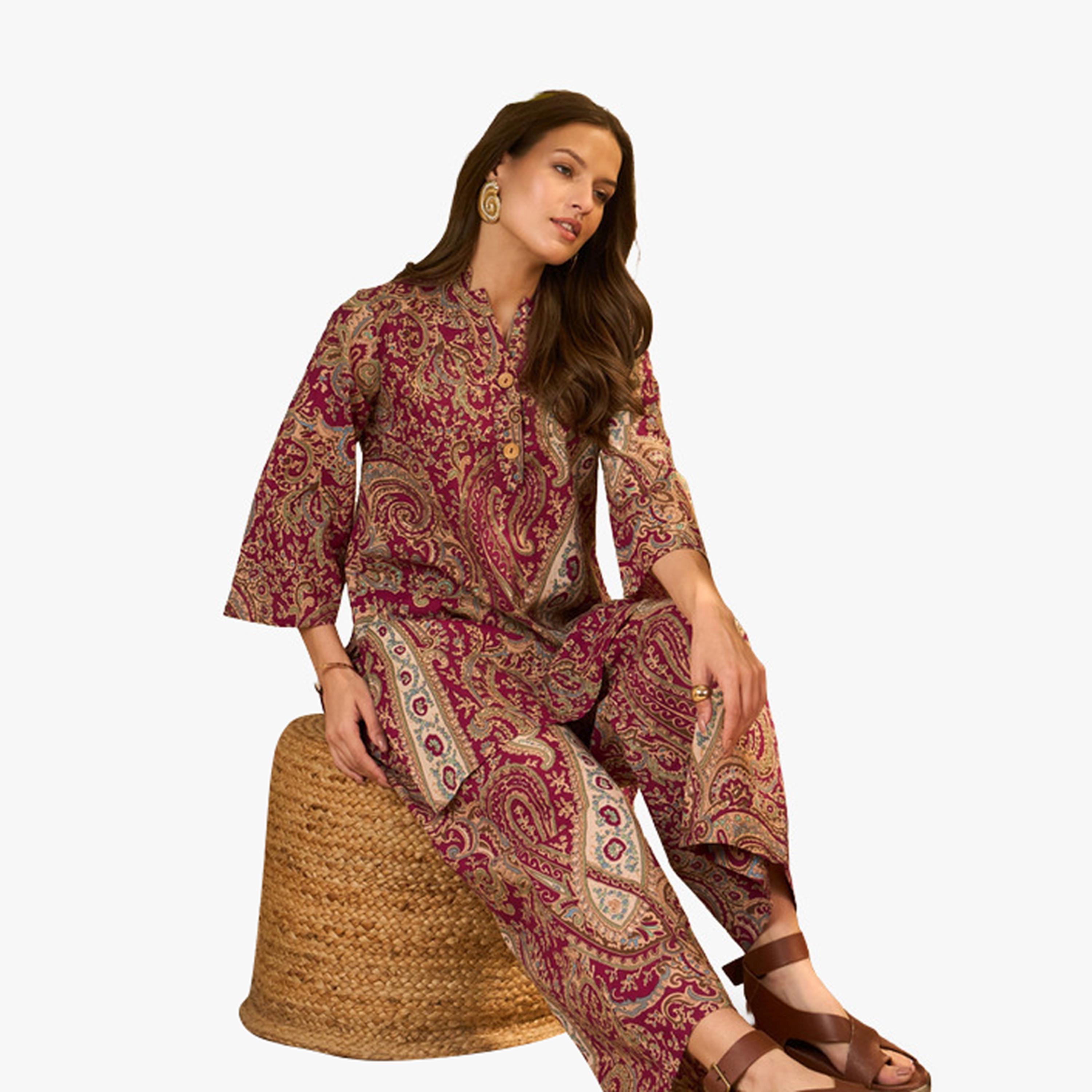 Imana X Styli Maroon Paisley Pure Cotton Kurti and Straight Trousers Co-Ords-women-clothing-coordsets-image-4