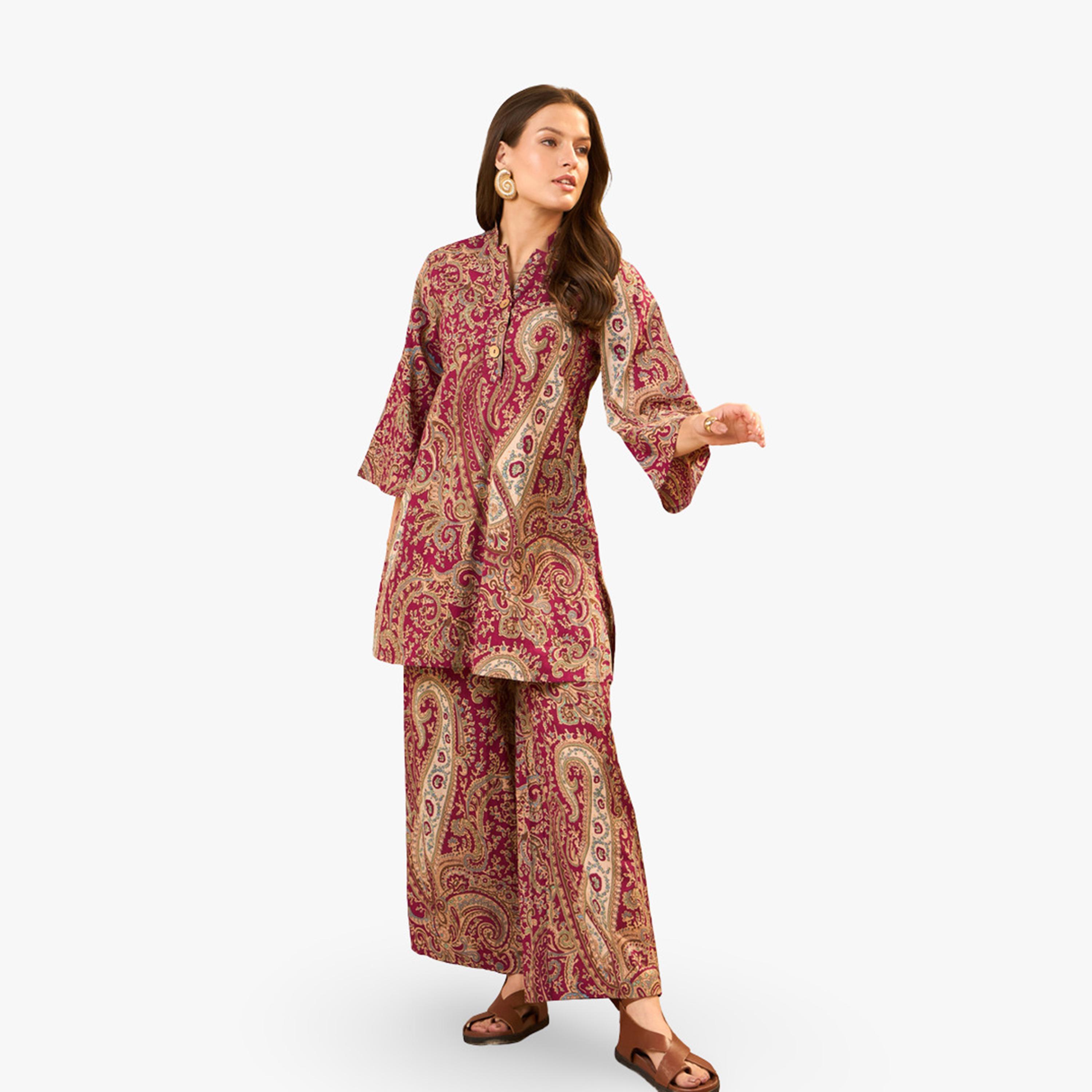 Imana X Styli Maroon Paisley Pure Cotton Kurti and Straight Trousers Co-Ords-women-clothing-coordsets-image-5