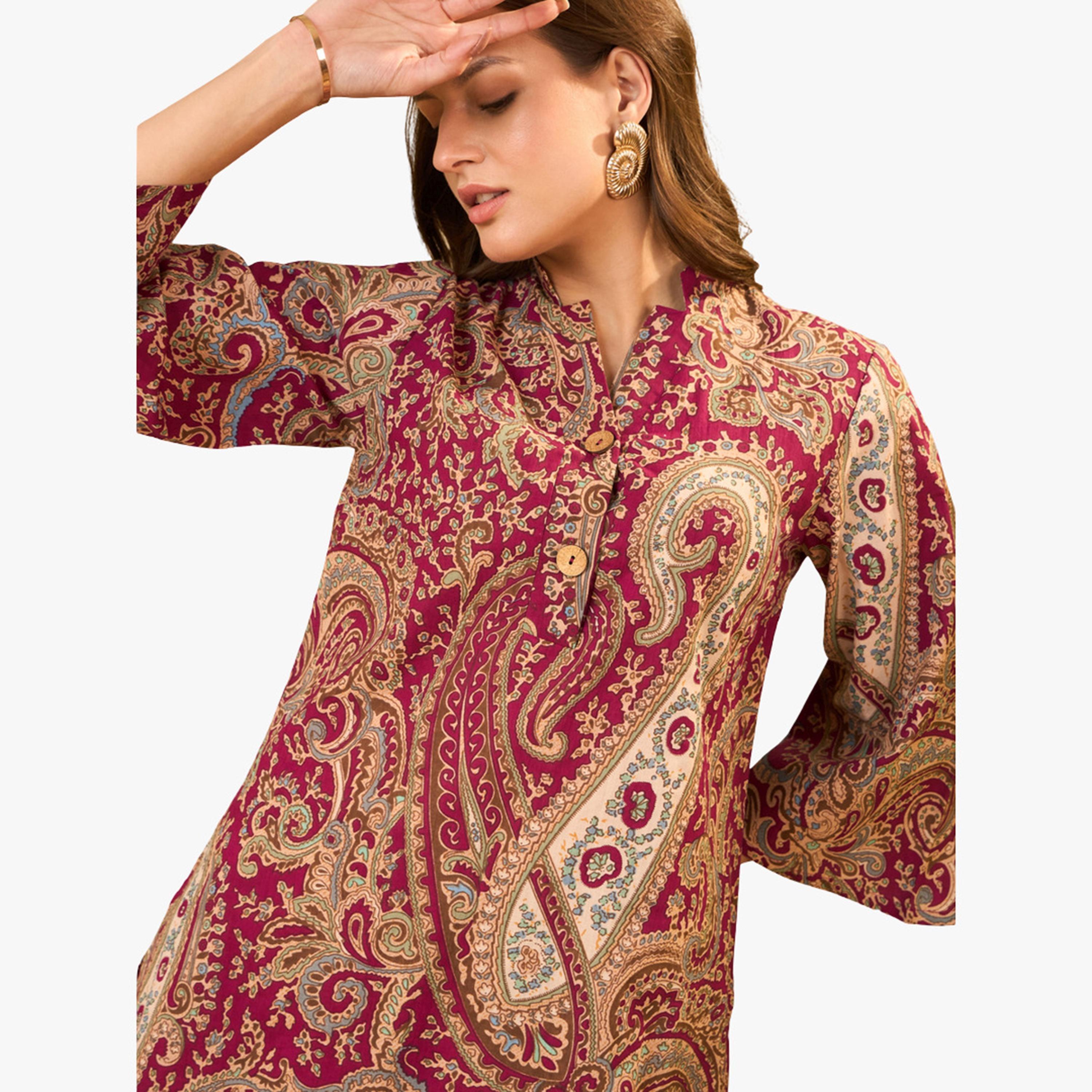 Imana X Styli Maroon Paisley Pure Cotton Kurti and Straight Trousers Co-Ords-women-clothing-coordsets-image-6