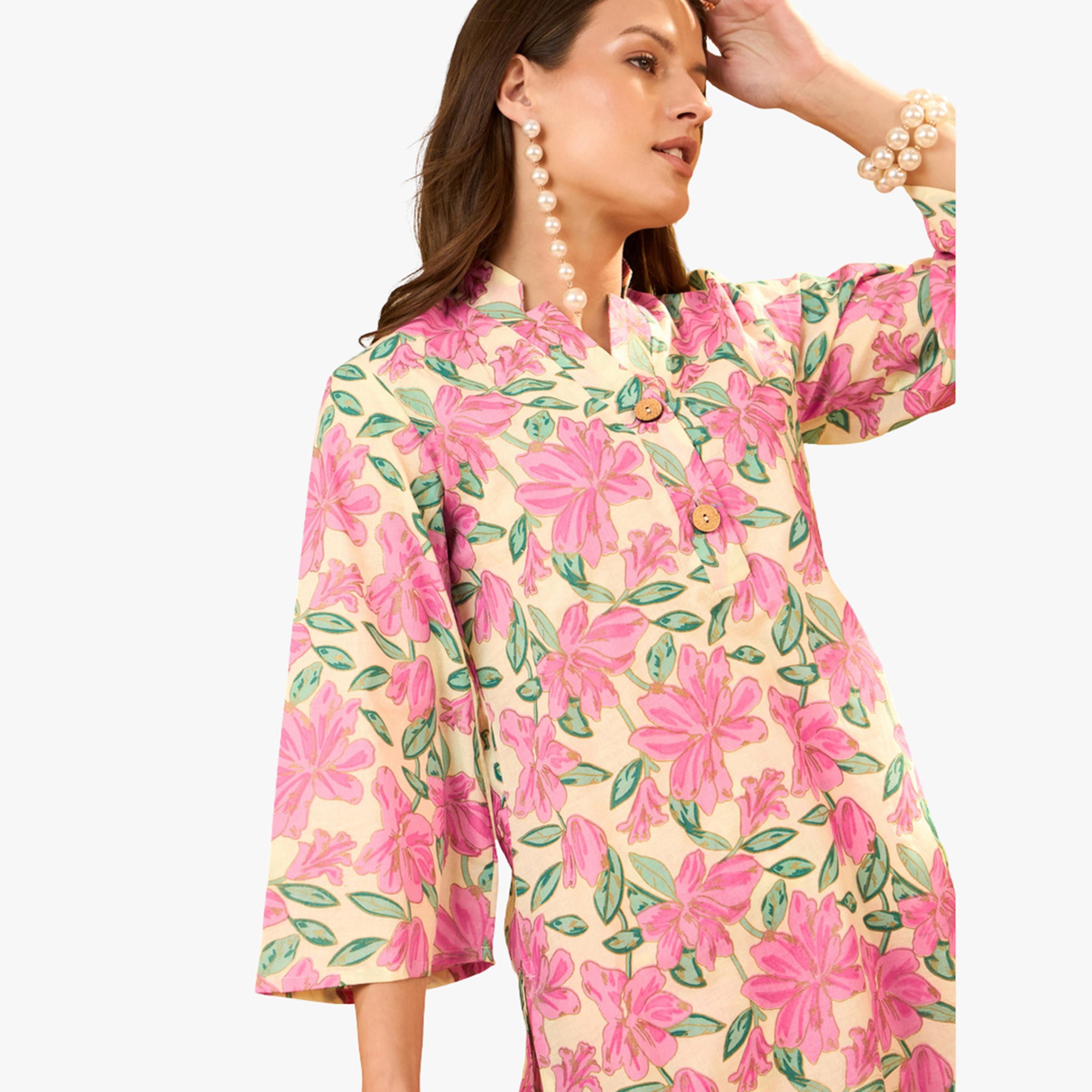 طقم منسق من بنطال وكورتي قطن خالص مطبوع-women-clothing-coordsets-image-6