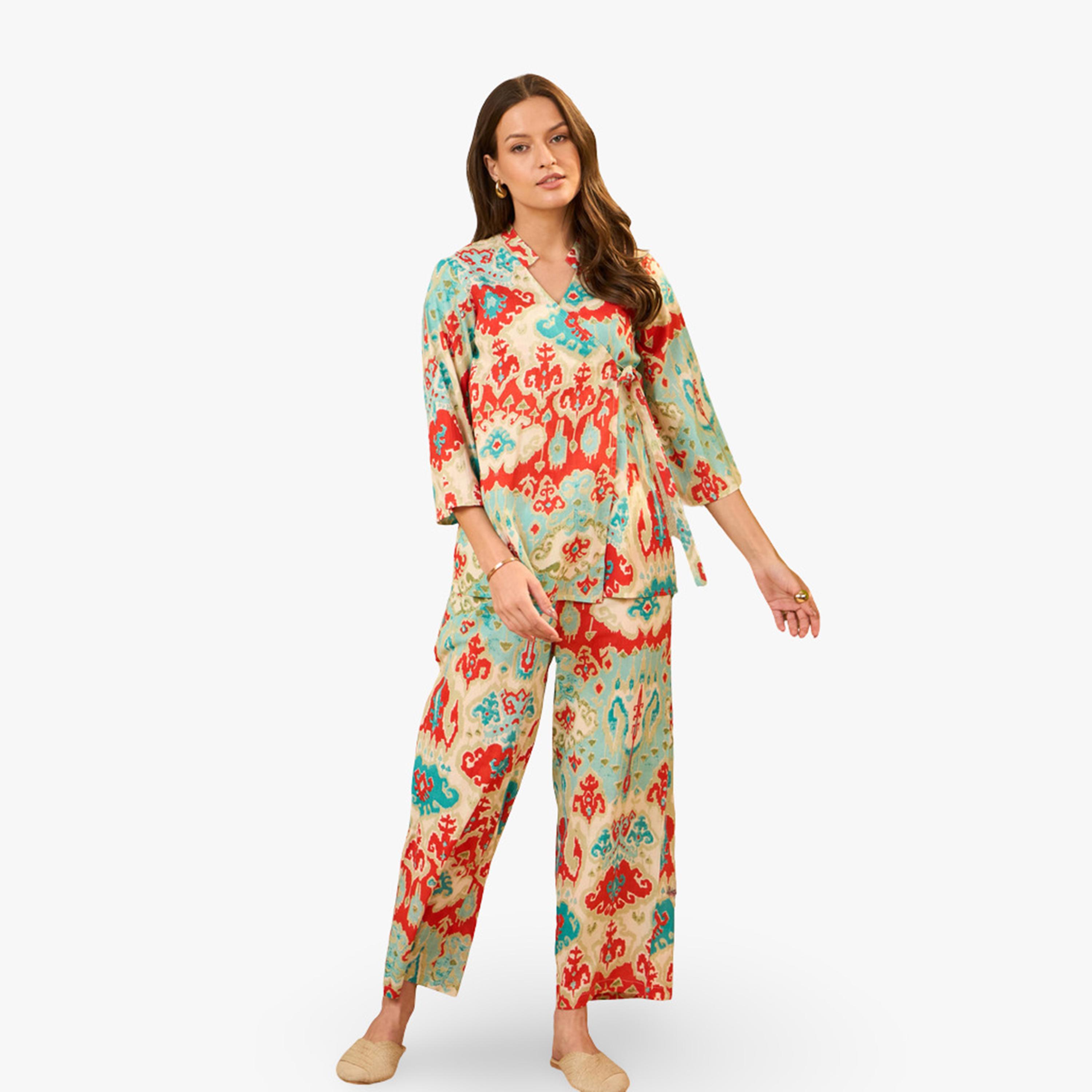 طقم منسق من بنطال وتونيق قطن خالص مطبوع-women-clothing-coordsets-image-1