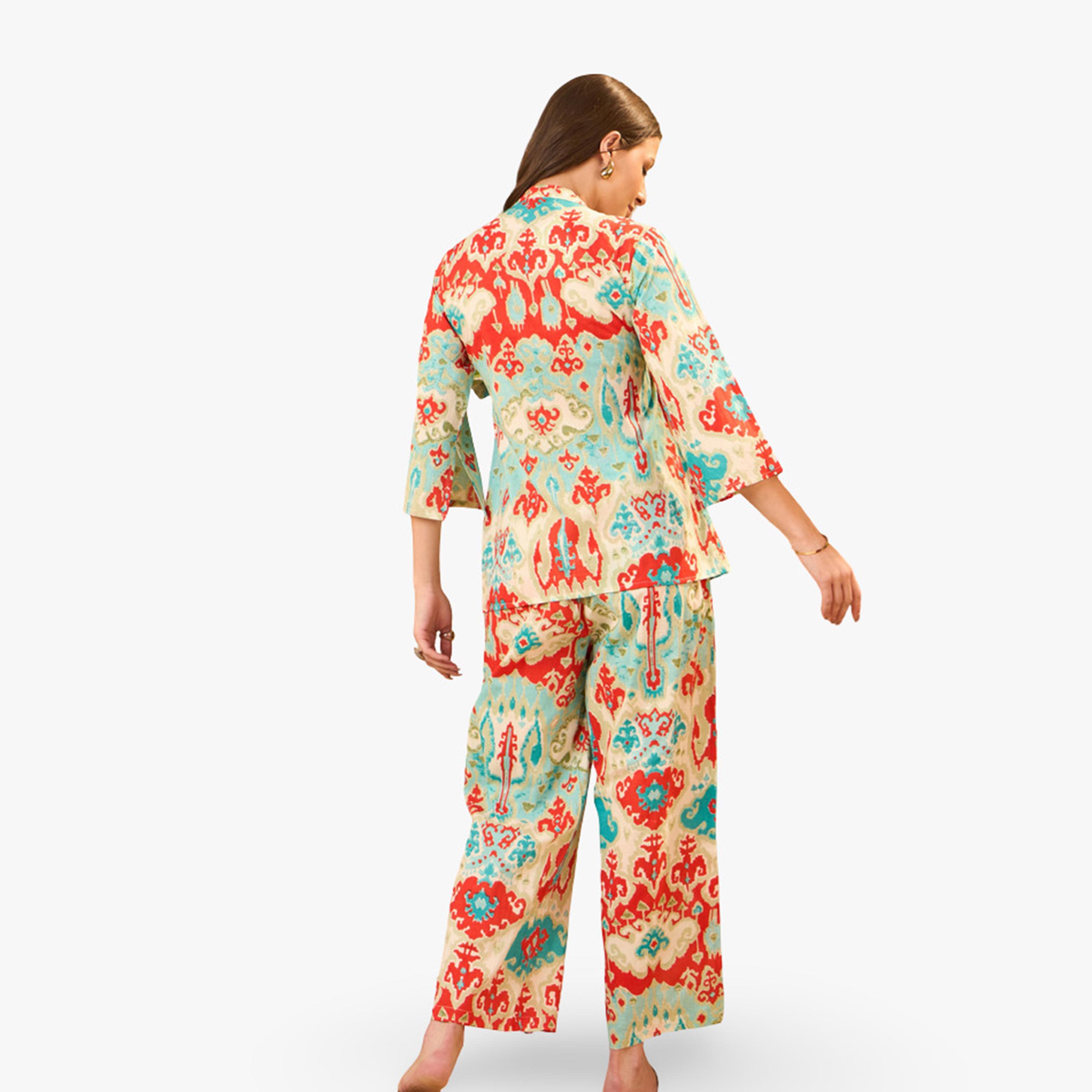طقم منسق من بنطال وتونيق قطن خالص مطبوع-women-clothing-coordsets-image-2