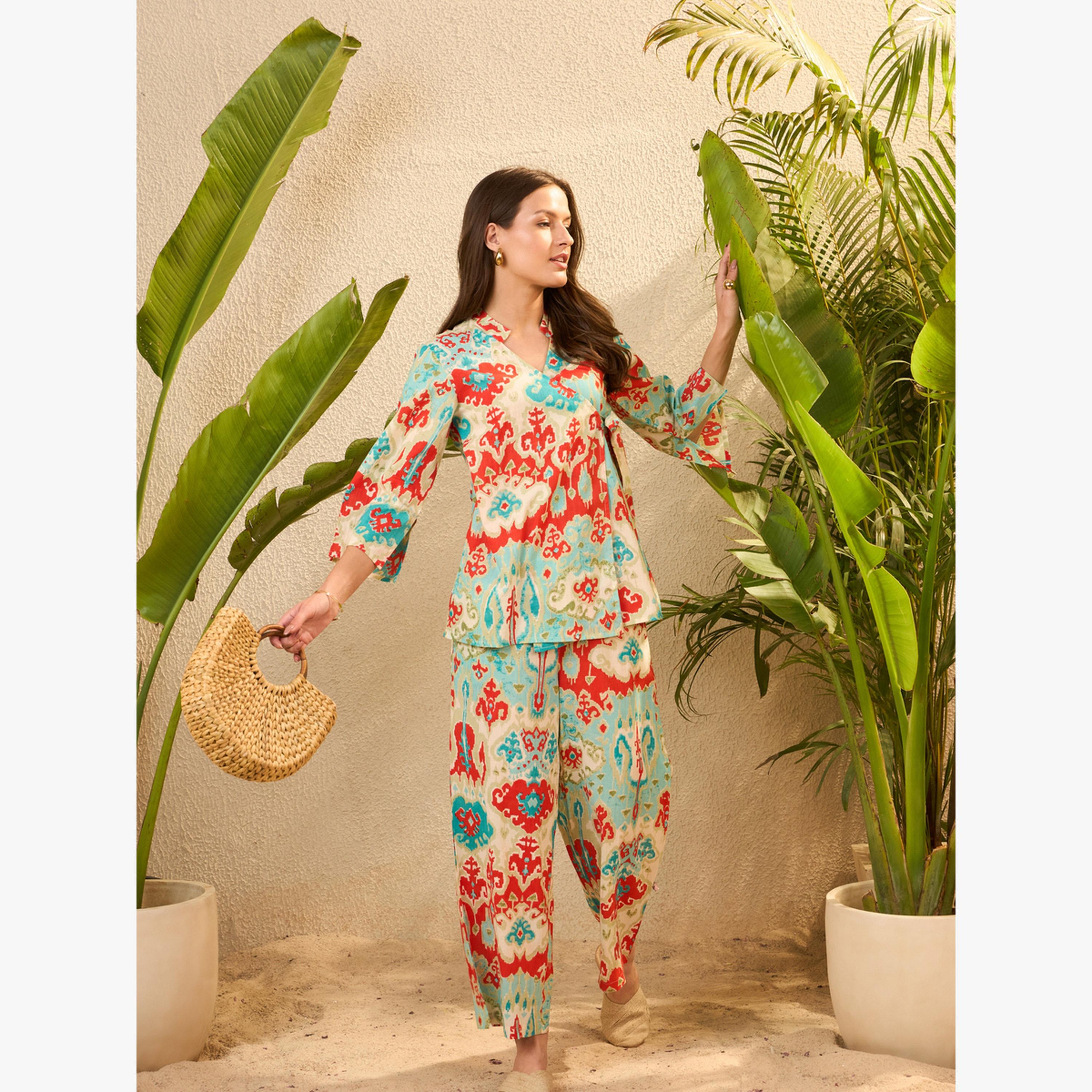 طقم منسق من بنطال وتونيق قطن خالص مطبوع-women-clothing-coordsets-image-4