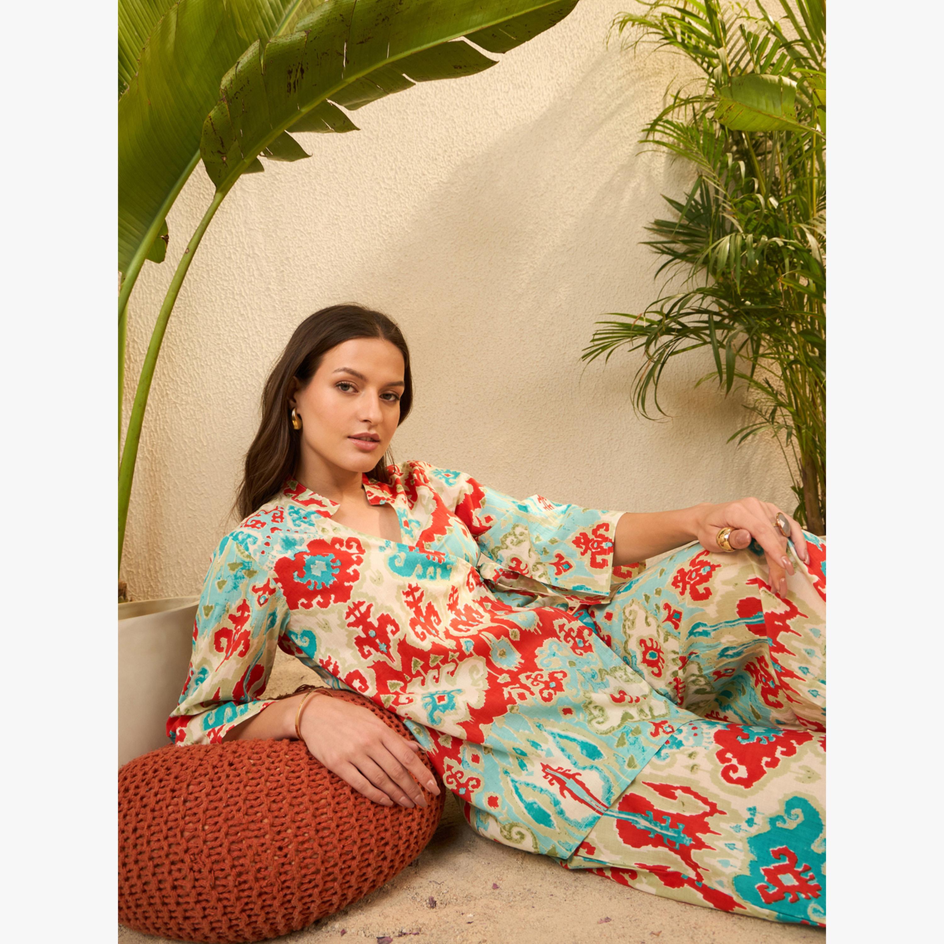 طقم منسق من بنطال وتونيق قطن خالص مطبوع-women-clothing-coordsets-image-5