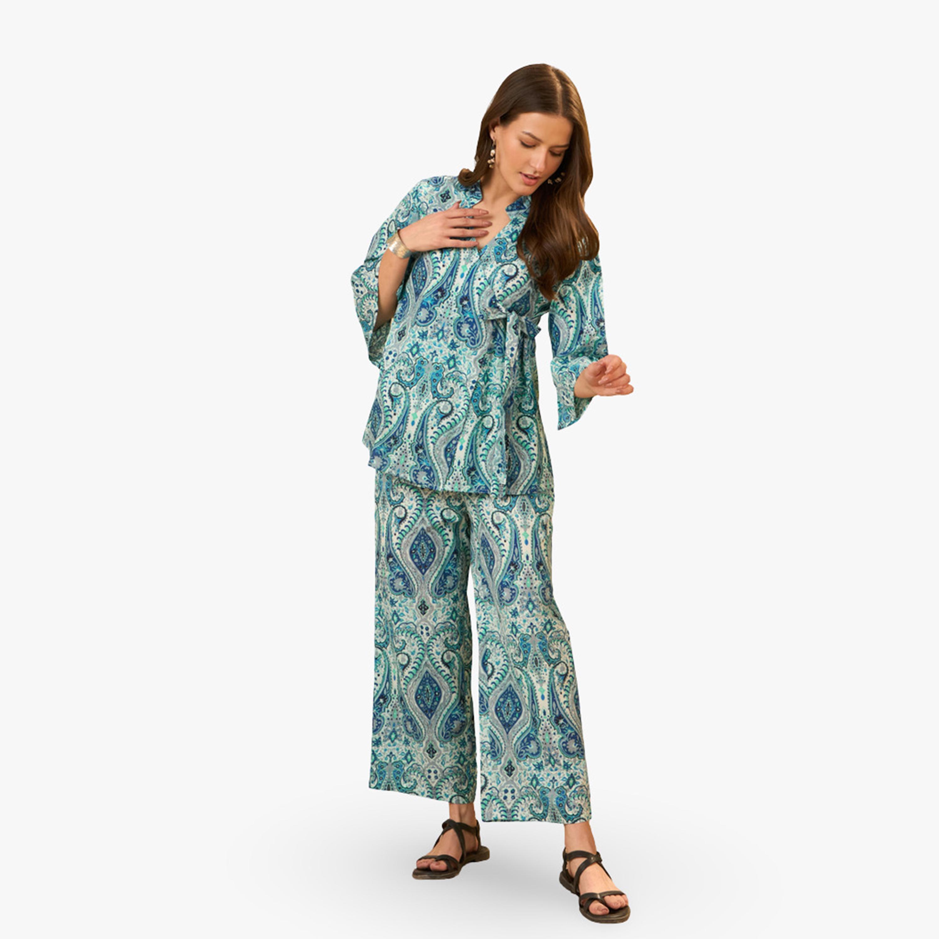 Imana X Styli Blue Paisley Printed Pure Cotton Tunic and Trousers Co-Ords-women-clothing-coordsets-image-1