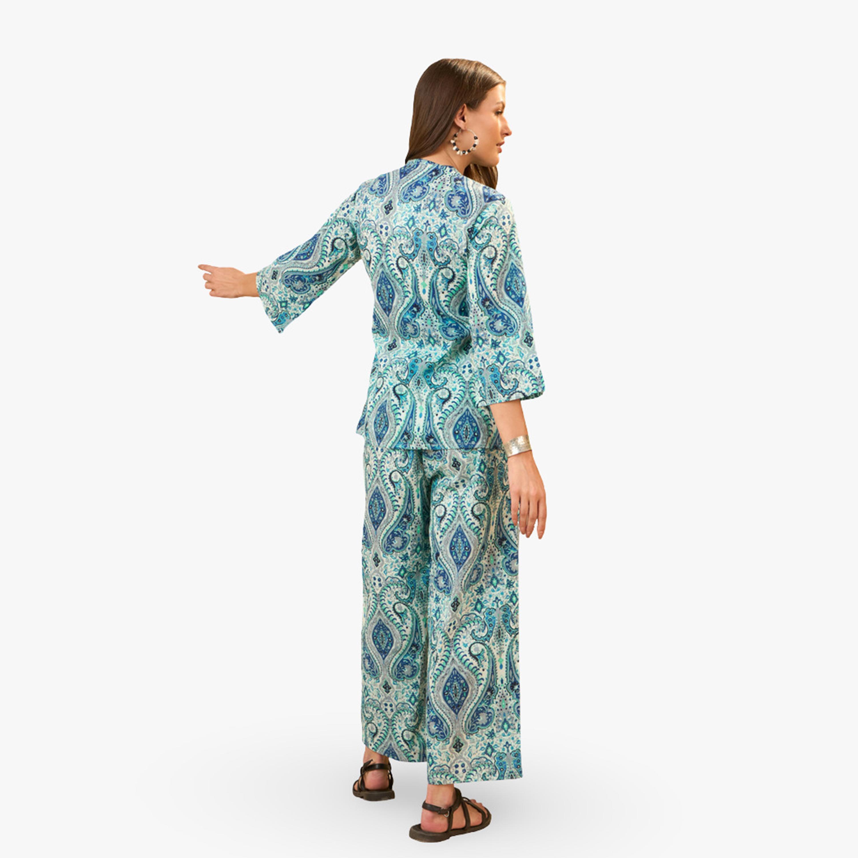 Imana X Styli Blue Paisley Printed Pure Cotton Tunic and Trousers Co-Ords-women-clothing-coordsets-image-2