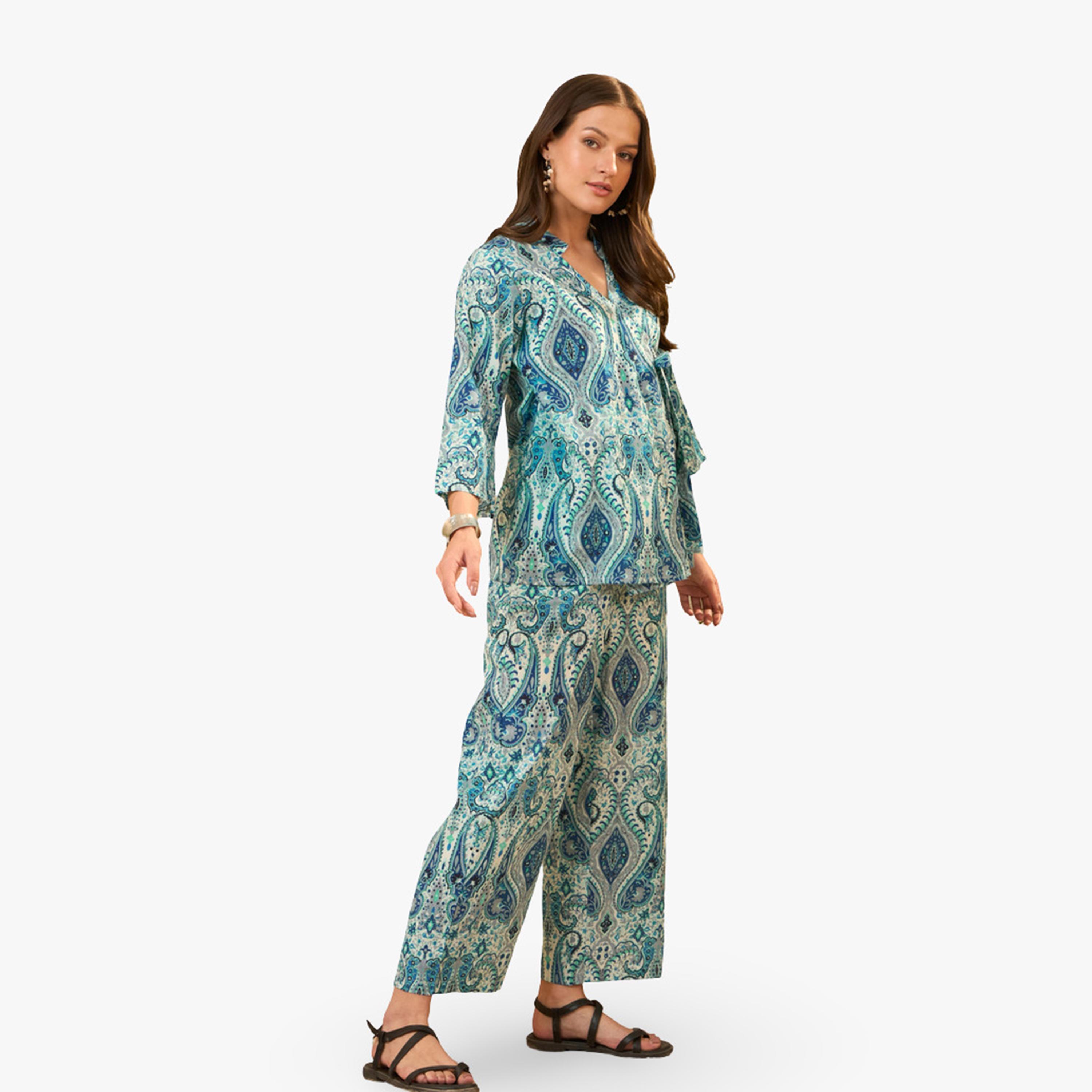 Imana X Styli Blue Paisley Printed Pure Cotton Tunic and Trousers Co-Ords-women-clothing-coordsets-image-3