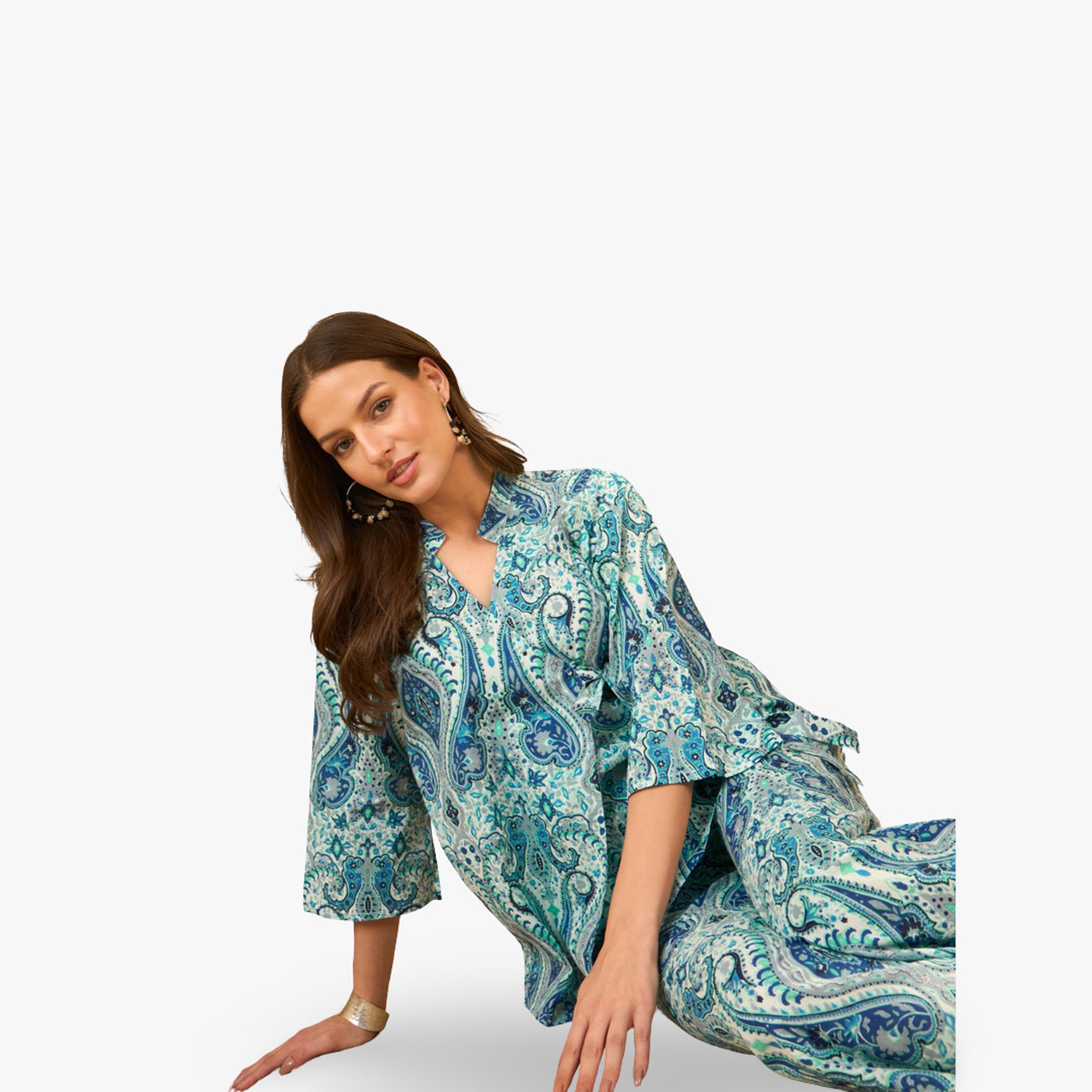 Imana X Styli Blue Paisley Printed Pure Cotton Tunic and Trousers Co-Ords-women-clothing-coordsets-image-4