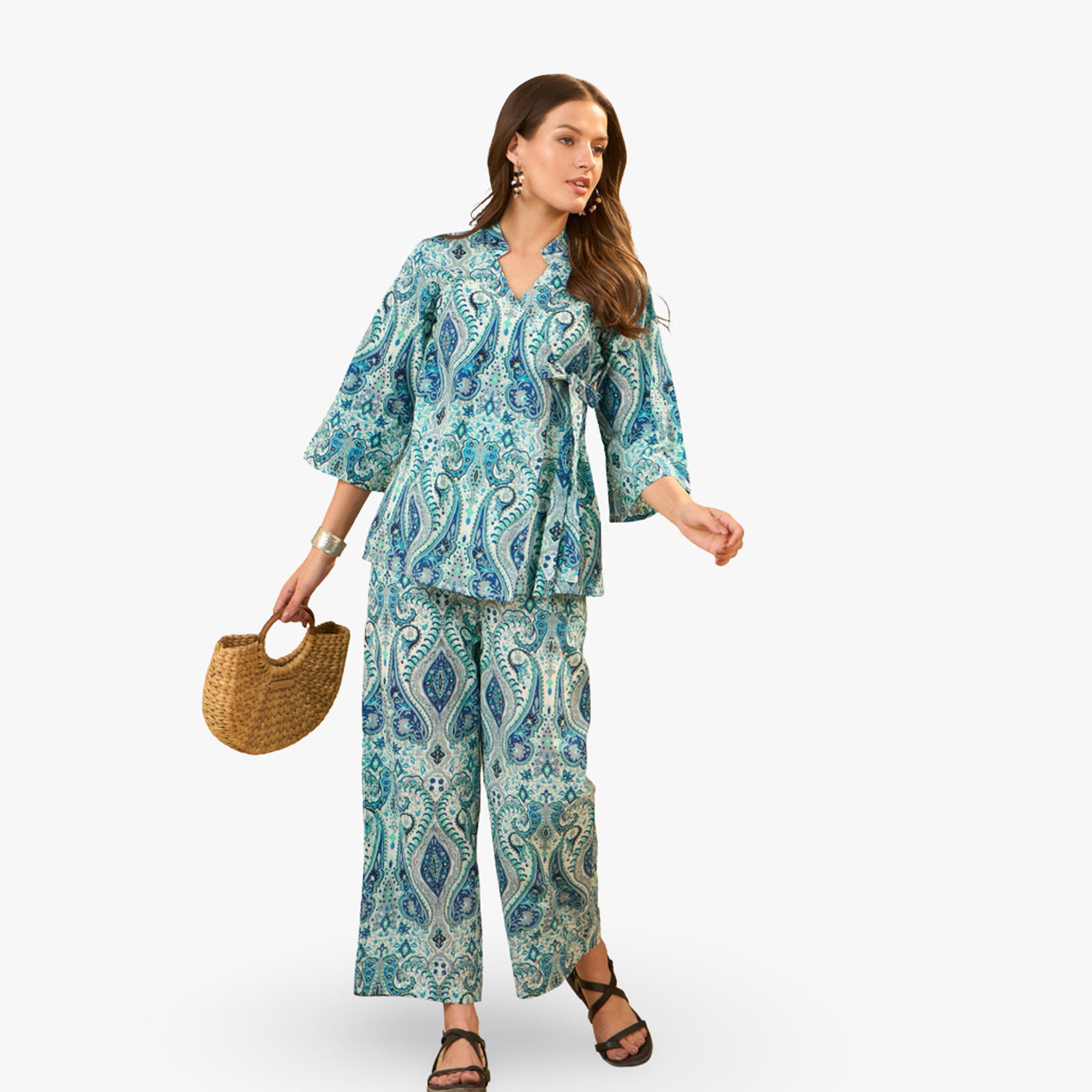 Imana X Styli Blue Paisley Printed Pure Cotton Tunic and Trousers Co-Ords-women-clothing-coordsets-image-5