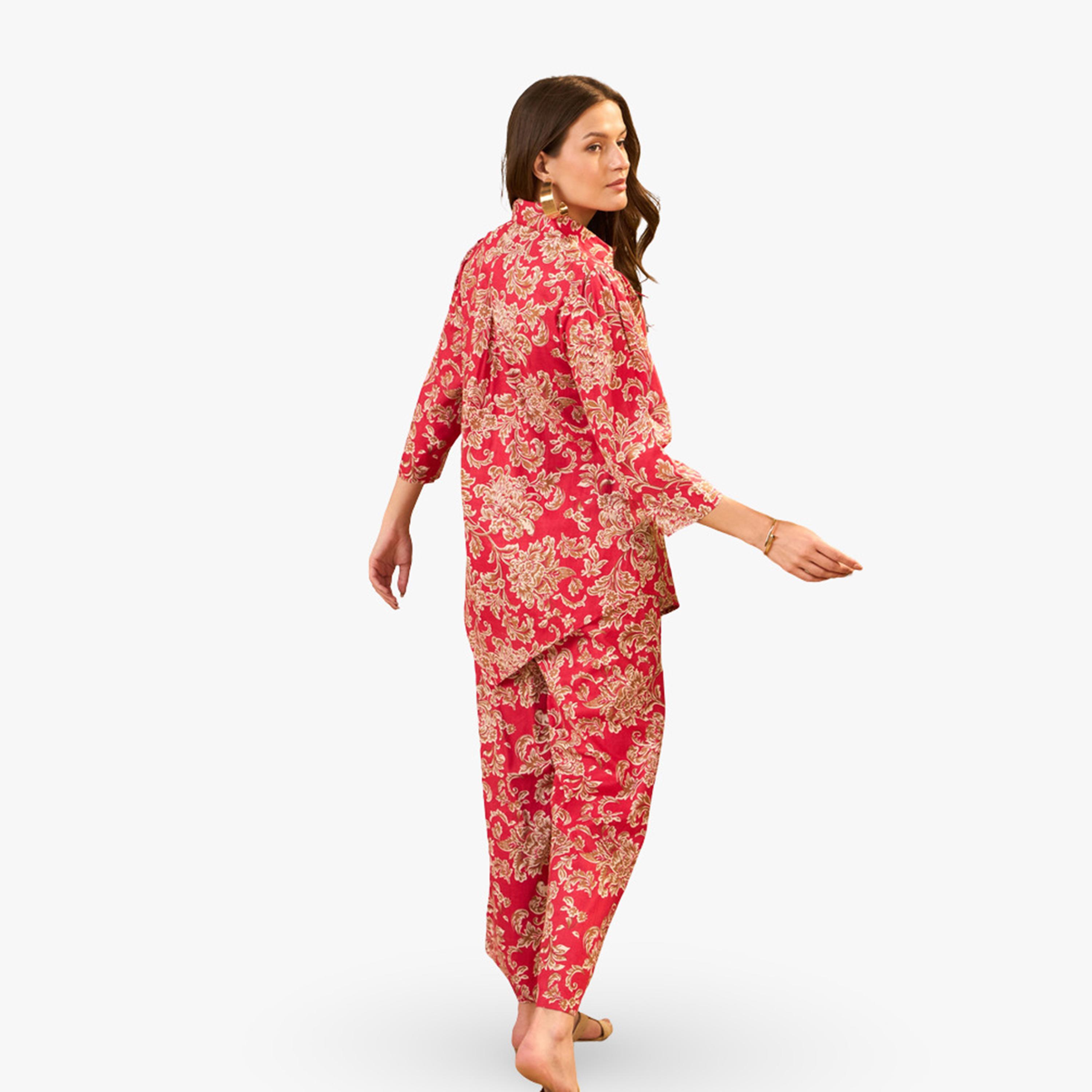 طقم منسق من تونيك وبنطال قطن خالص بطبعة زهور-women-clothing-coordsets-image-2