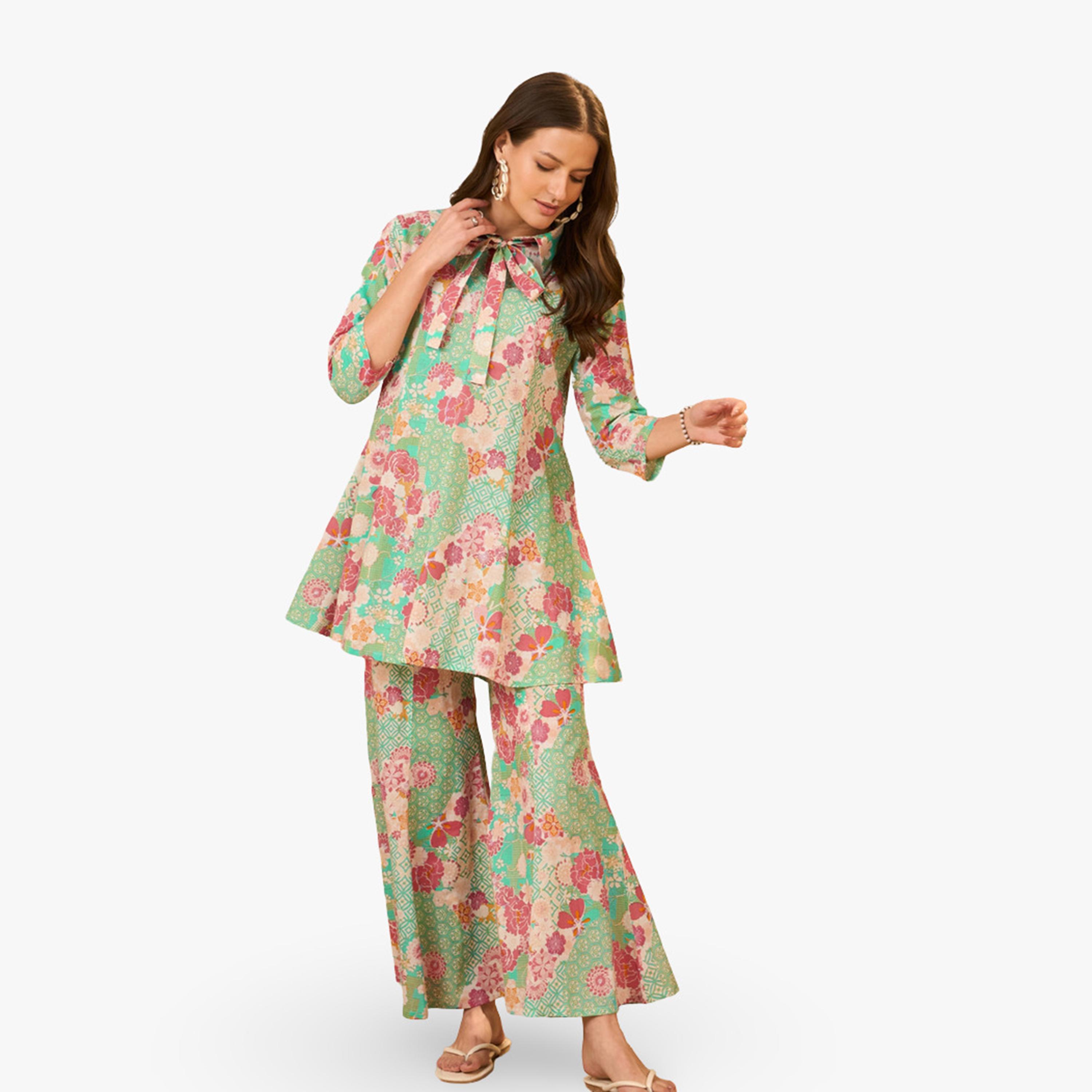 طقم منسق من تونيك وبنطال قطن خالص بطبعة زهور-women-clothing-coordsets-image-1
