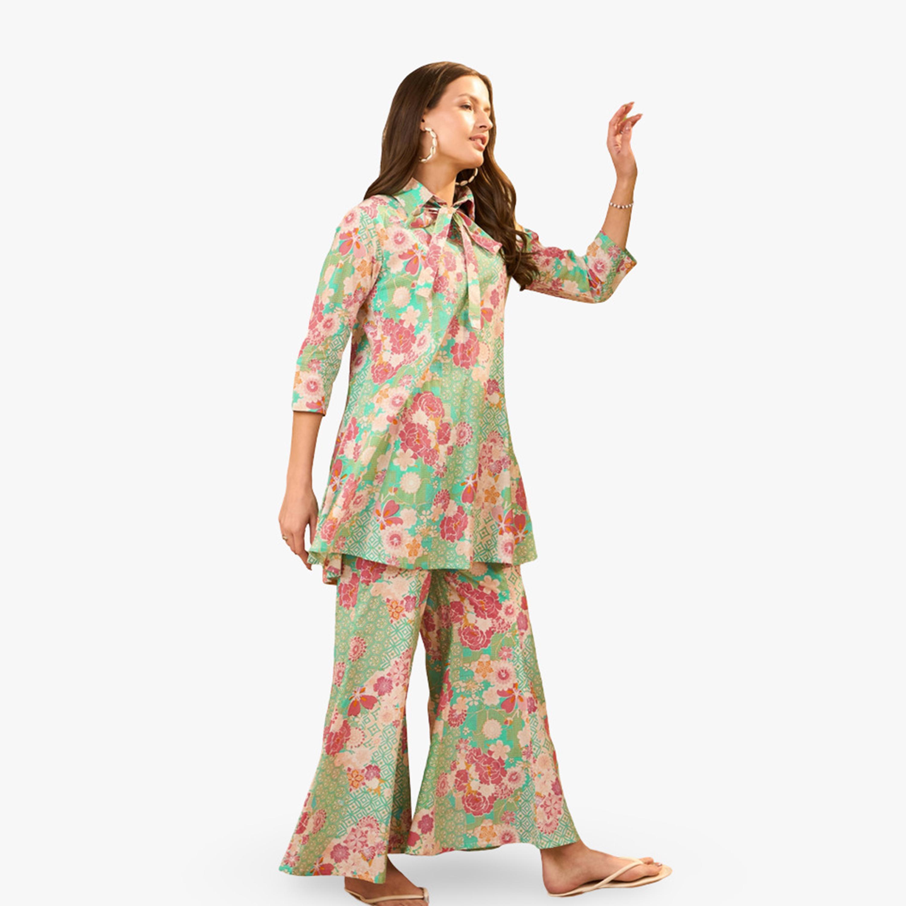 طقم منسق من تونيك وبنطال قطن خالص بطبعة زهور-women-clothing-coordsets-image-4