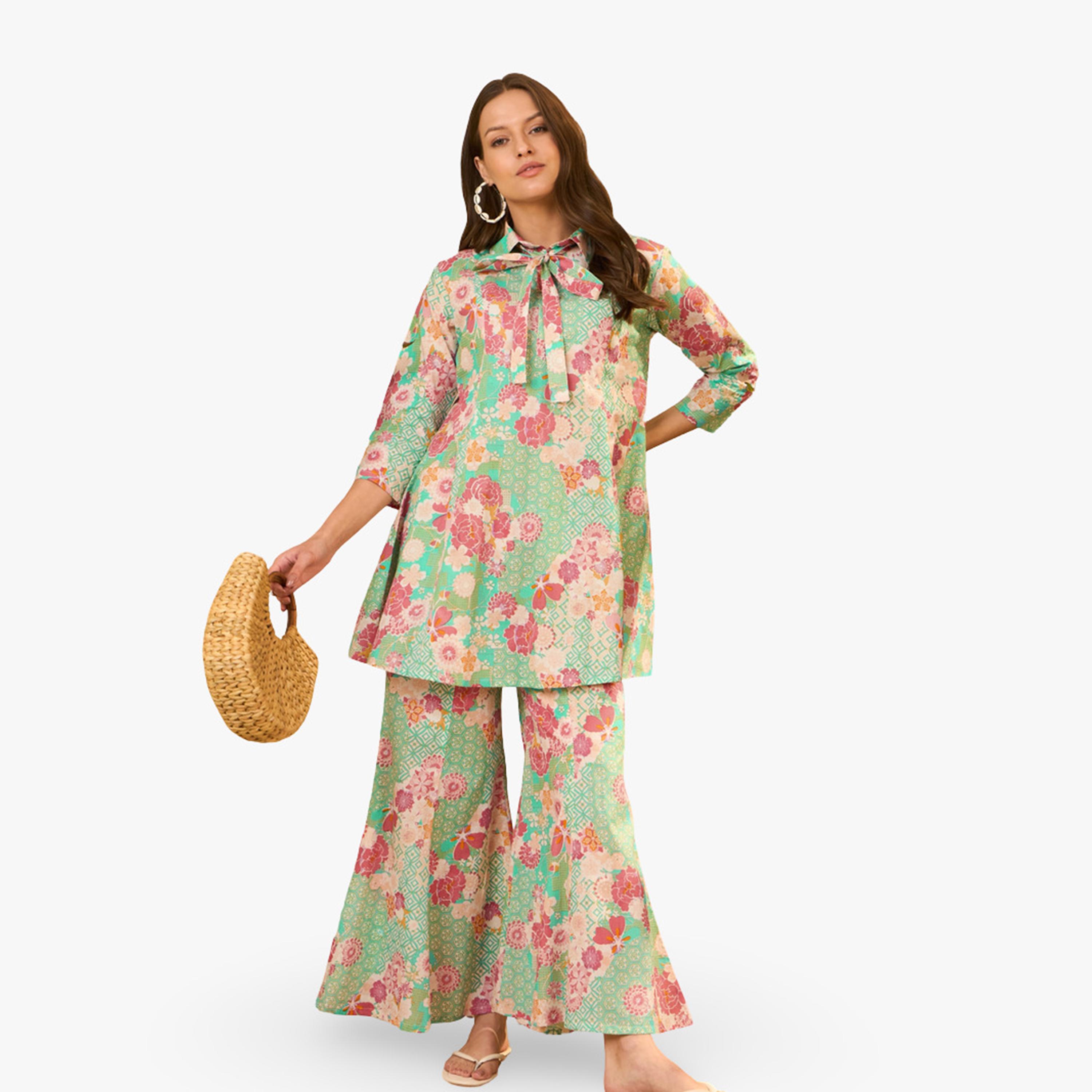 طقم منسق من تونيك وبنطال قطن خالص بطبعة زهور-women-clothing-coordsets-image-5