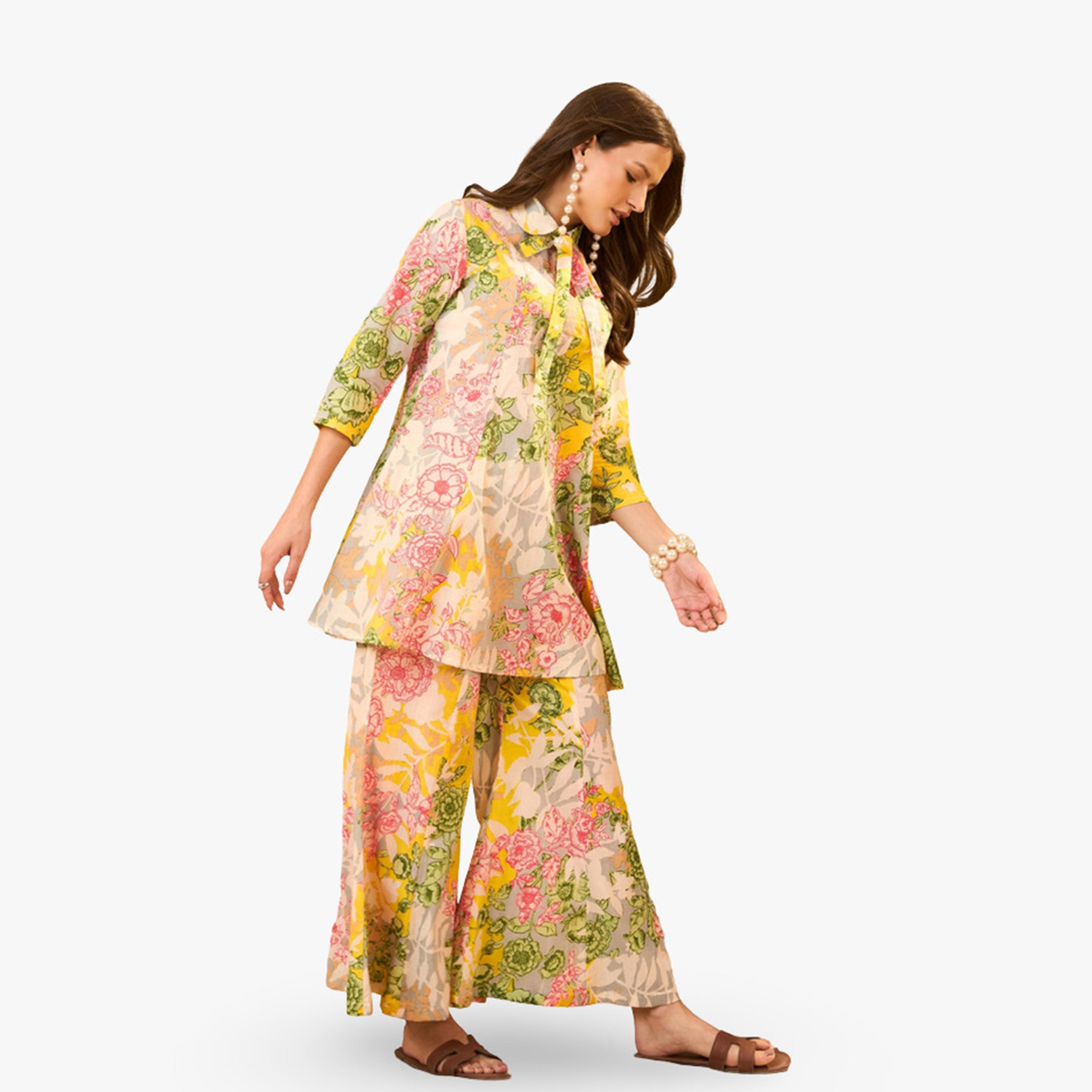 طقم منسق من تونيك وبنطال قطن خالص بطبعة زهور-women-clothing-coordsets-image-1