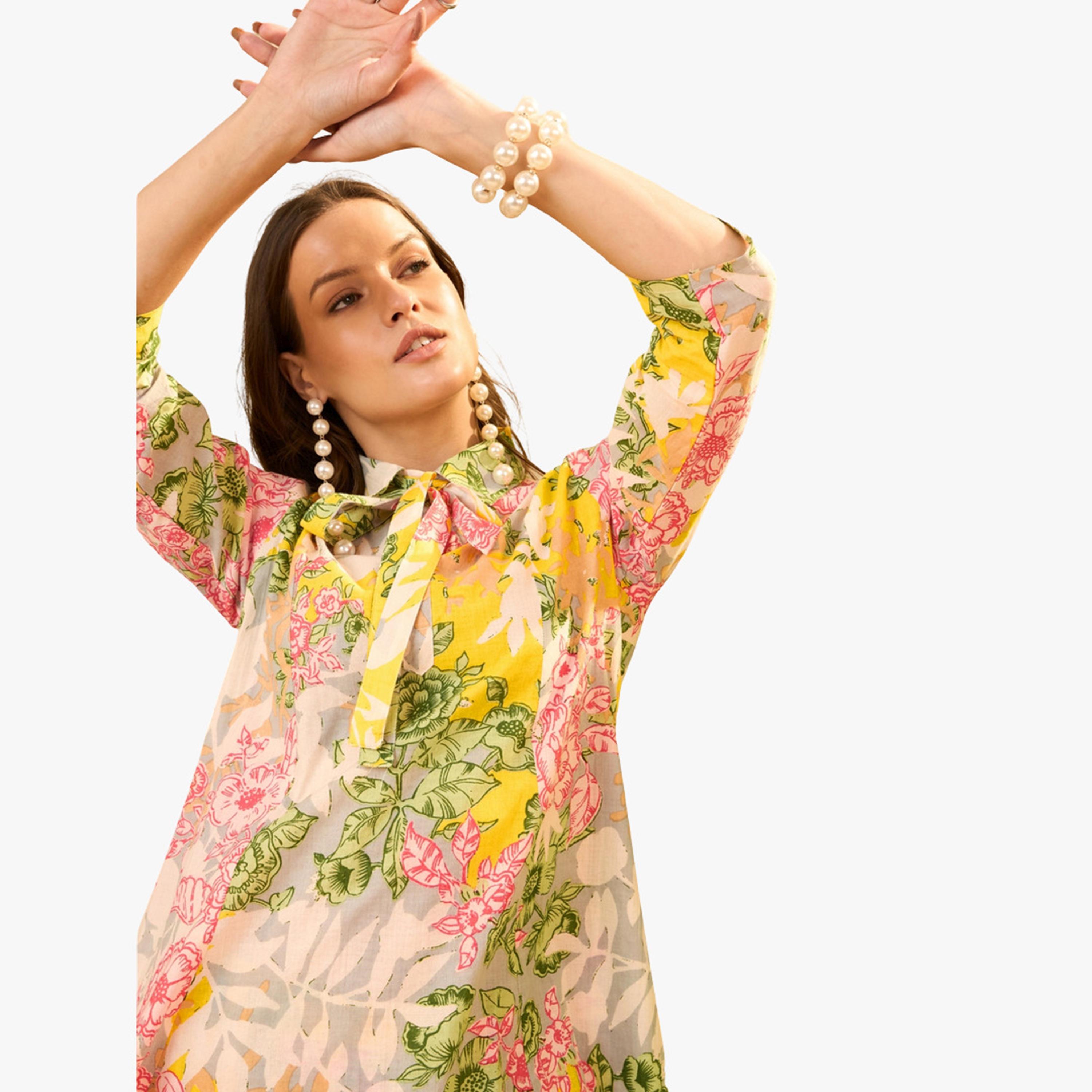 طقم منسق من تونيك وبنطال قطن خالص بطبعة زهور-women-clothing-coordsets-image-4