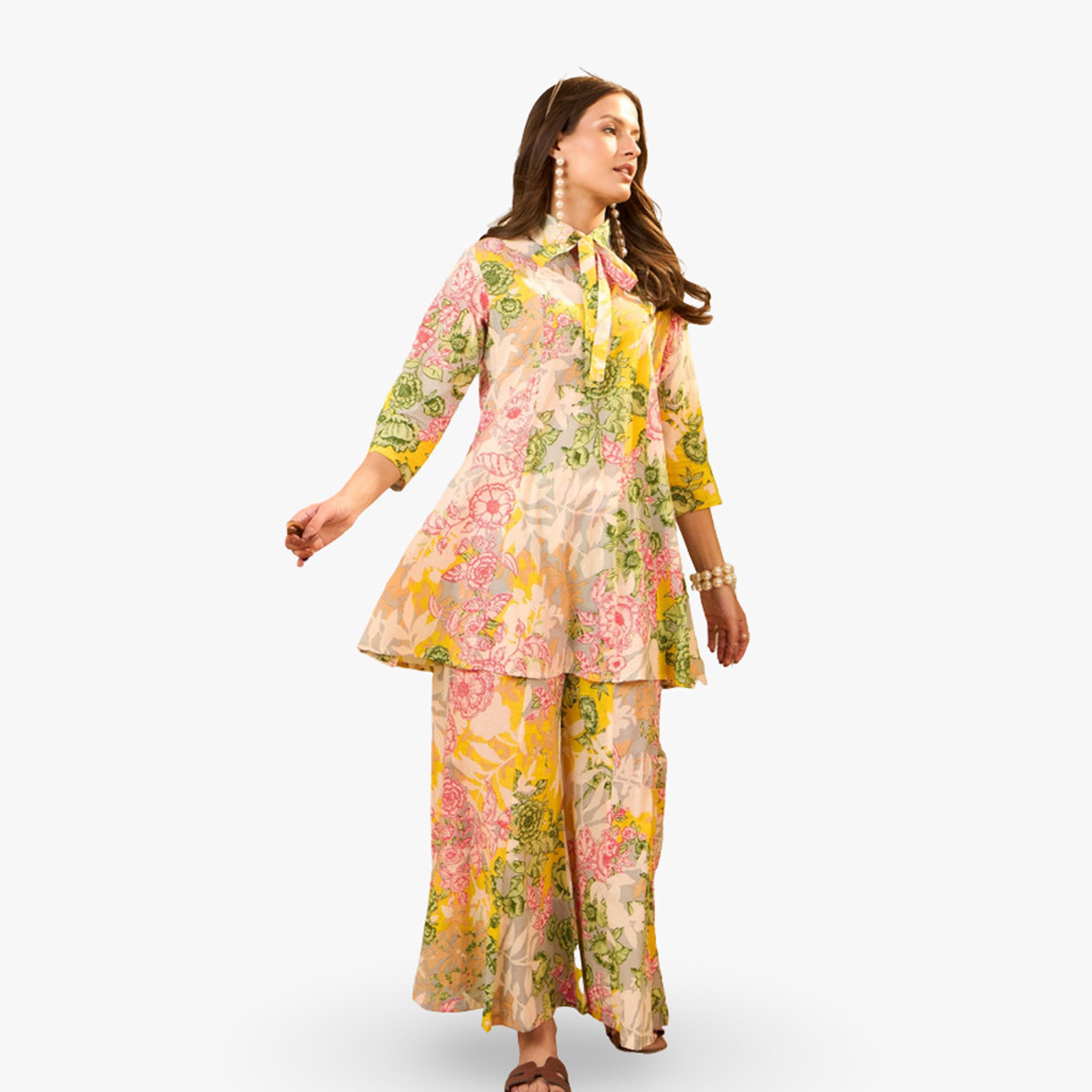 طقم منسق من تونيك وبنطال قطن خالص بطبعة زهور-women-clothing-coordsets-image-5