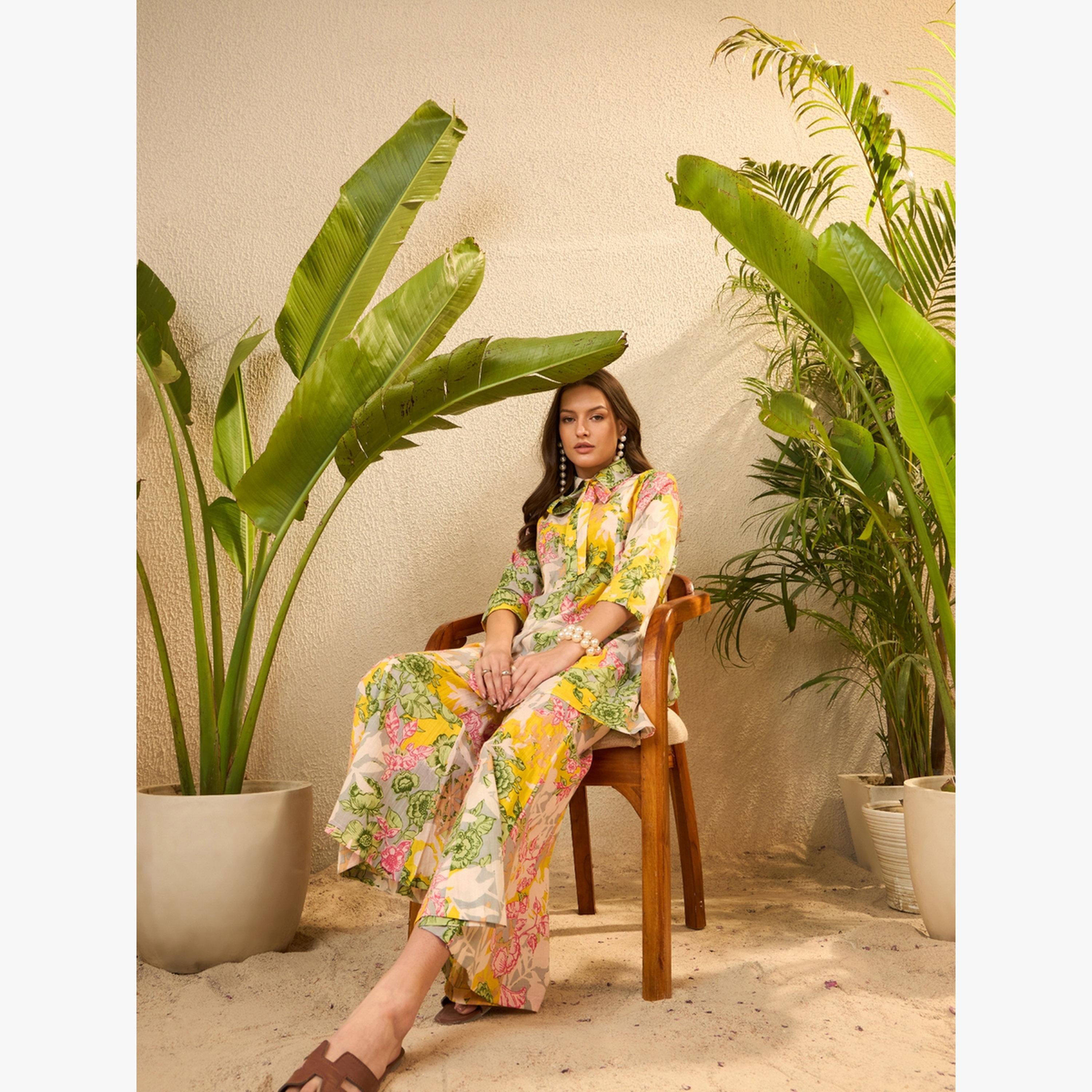 طقم منسق من تونيك وبنطال قطن خالص بطبعة زهور-women-clothing-coordsets-image-6
