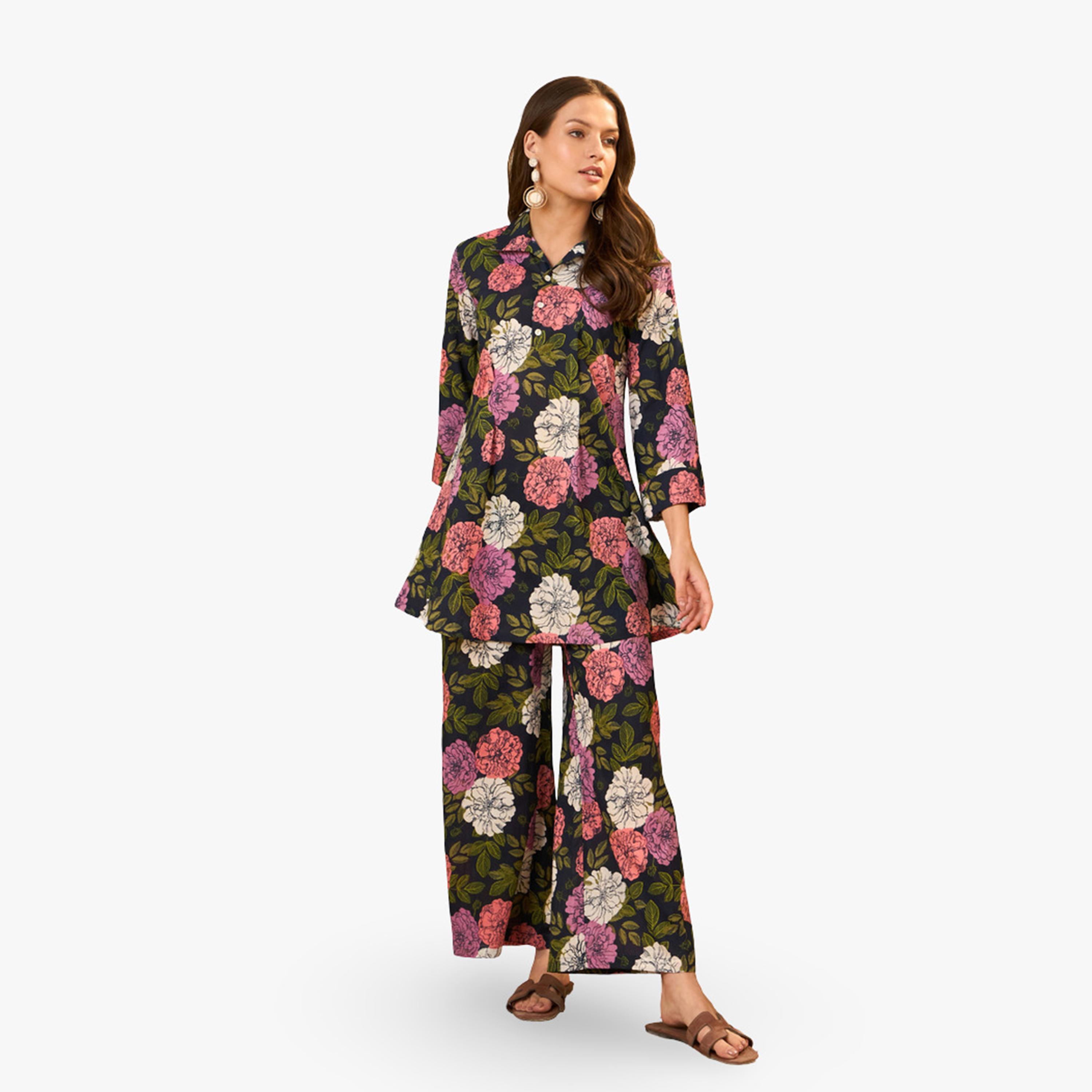 Imana X Styli Floral Printed Pure Cotton Tunic and Trousers Co-Ords-women-clothing-coordsets-image-1