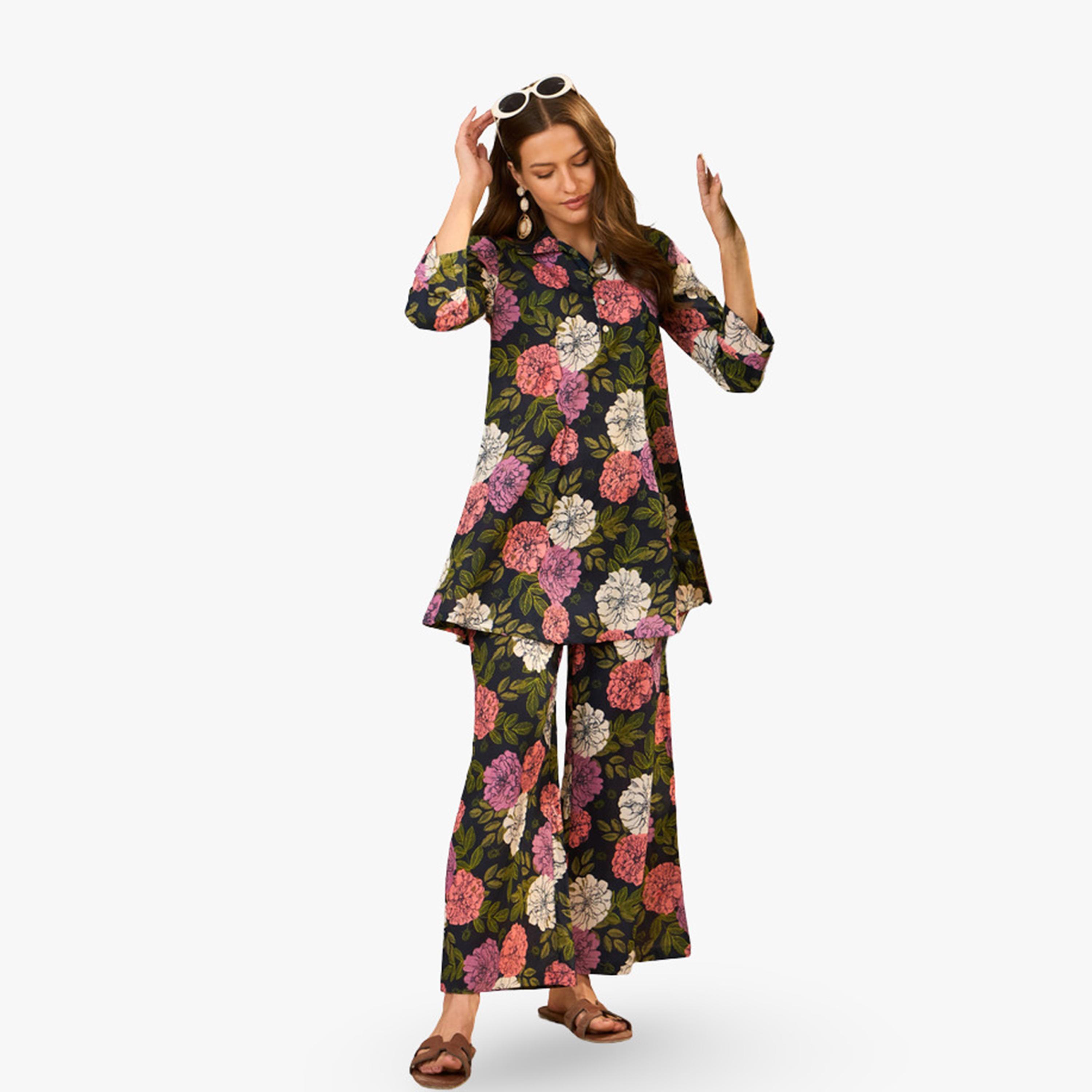 طقم منسق من تونيك وبنطال قطن خالص بطبعة زهور-women-clothing-coordsets-image-3