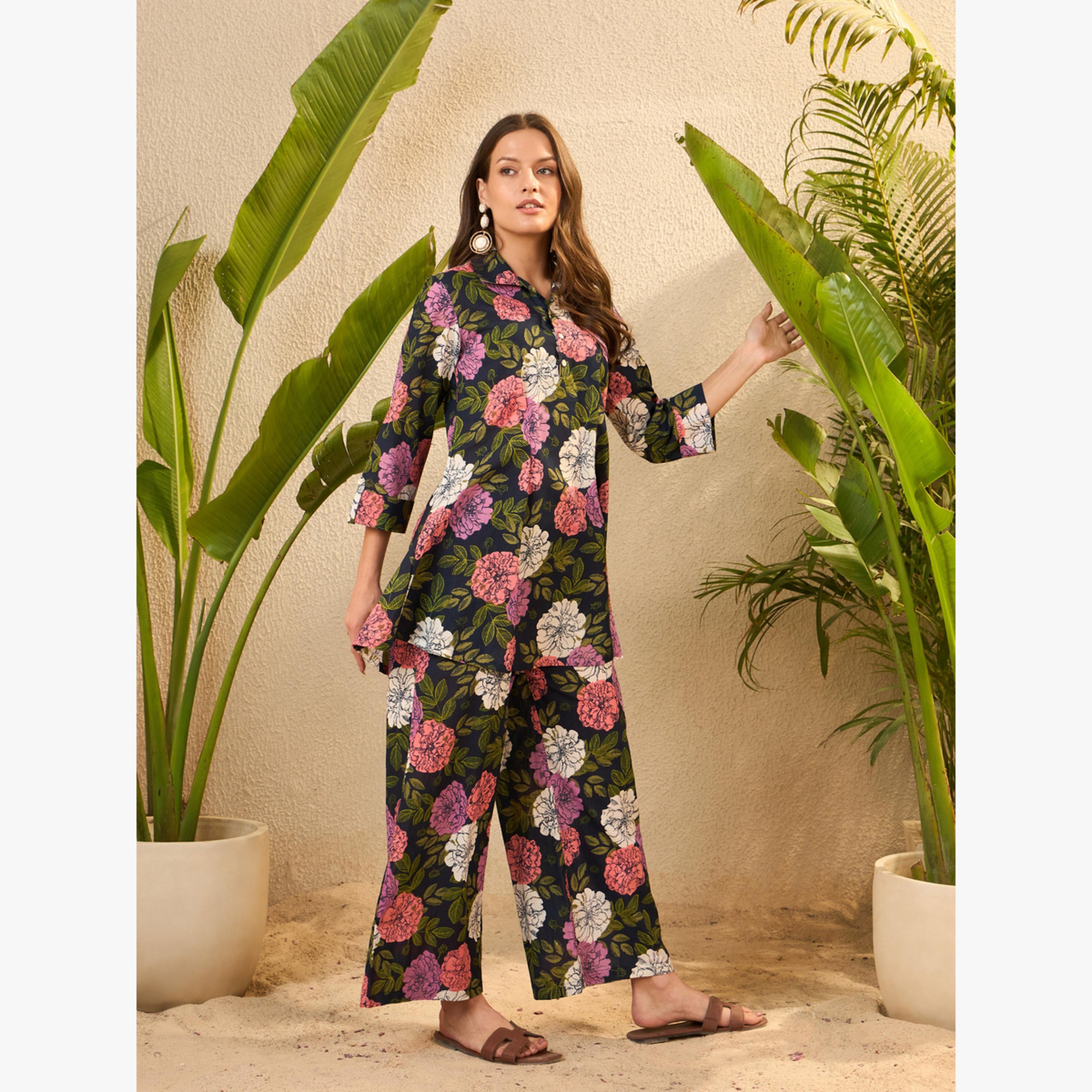 طقم منسق من تونيك وبنطال قطن خالص بطبعة زهور-women-clothing-coordsets-image-5