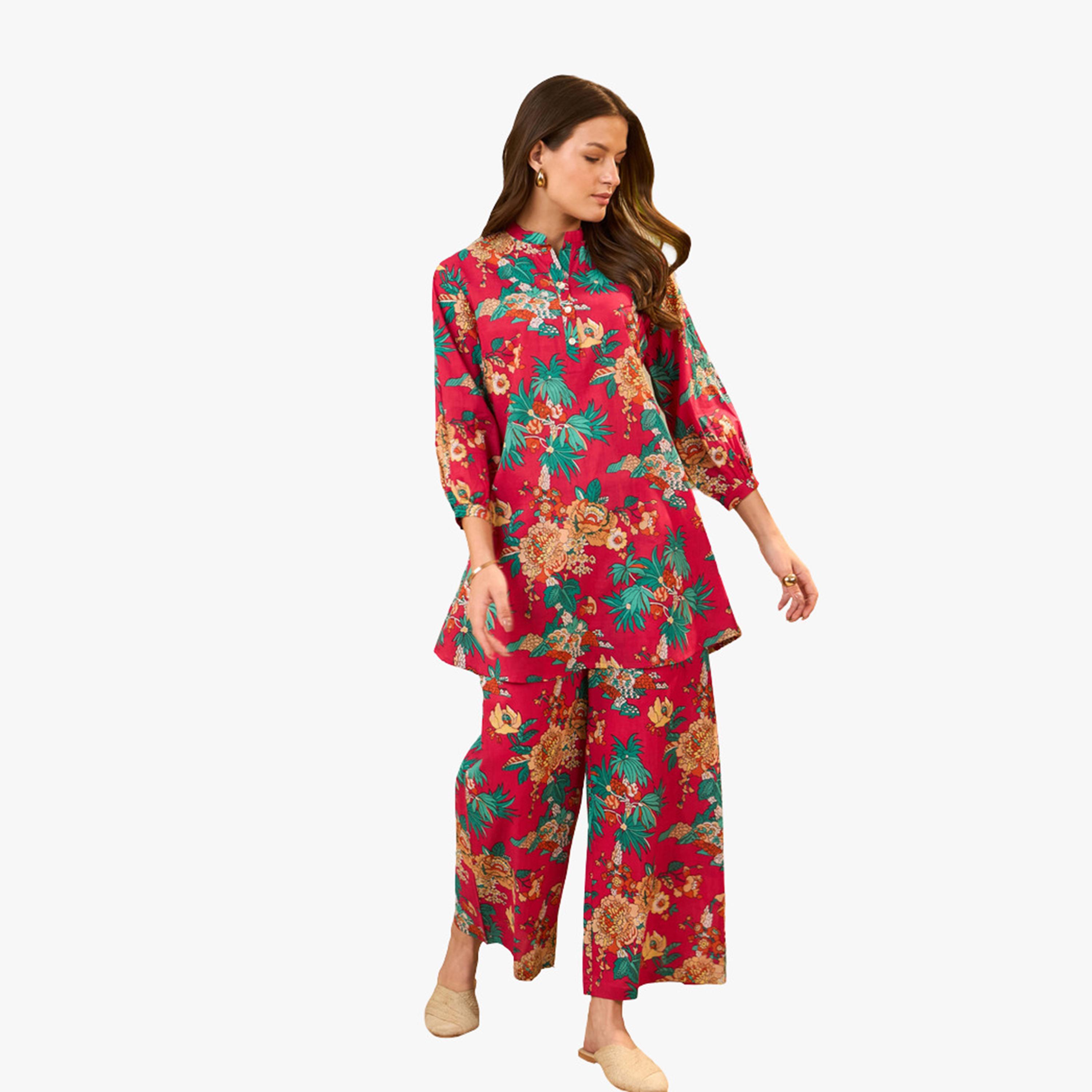 Imana X Styli Pink Floral Printed Pure Cotton Top and Palazzo Co-Ords-women-clothing-coordsets-image-1
