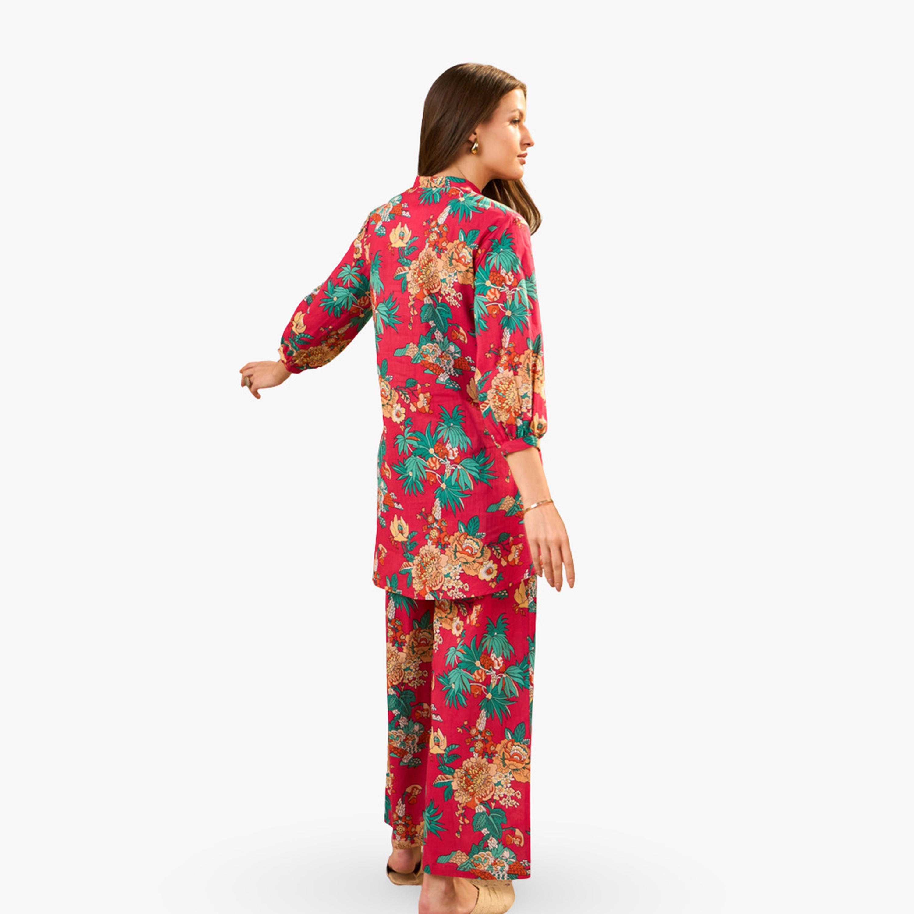 طقم منسق من بلوزة وبنطال بالازو قطن خالص بطبعة زهور-women-clothing-coordsets-image-2