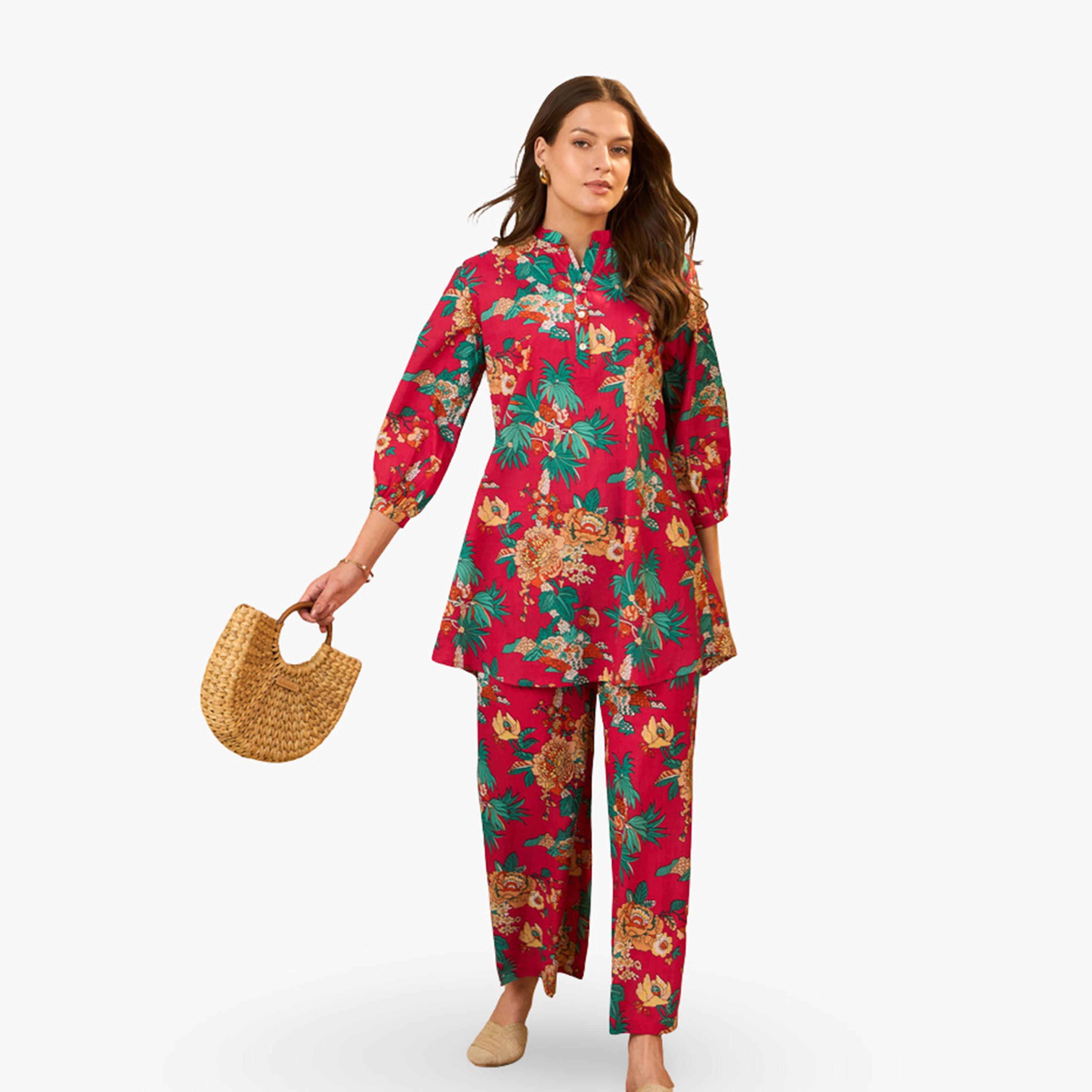 طقم منسق من بلوزة وبنطال بالازو قطن خالص بطبعة زهور-women-clothing-coordsets-image-4