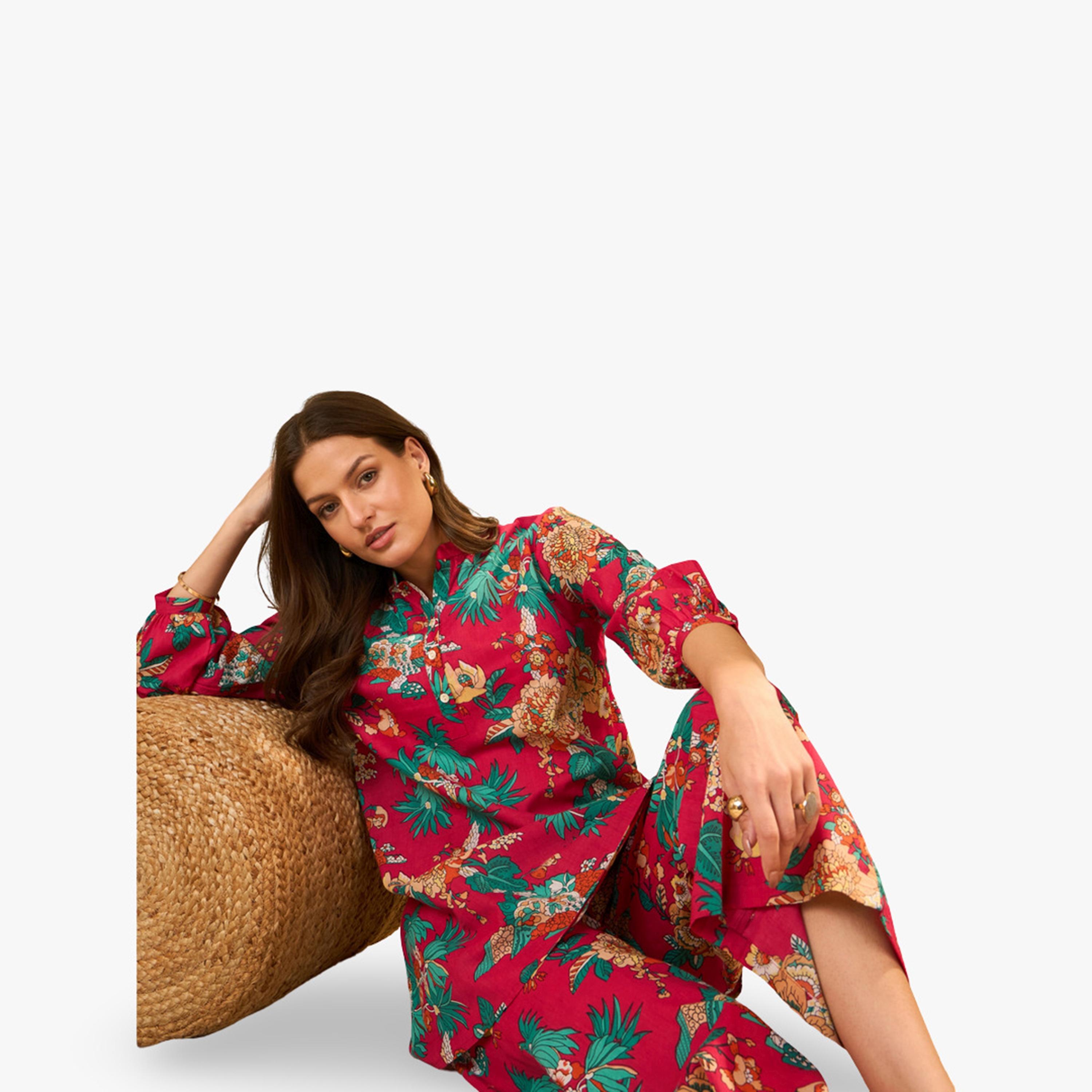 طقم منسق من بلوزة وبنطال بالازو قطن خالص بطبعة زهور-women-clothing-coordsets-image-5