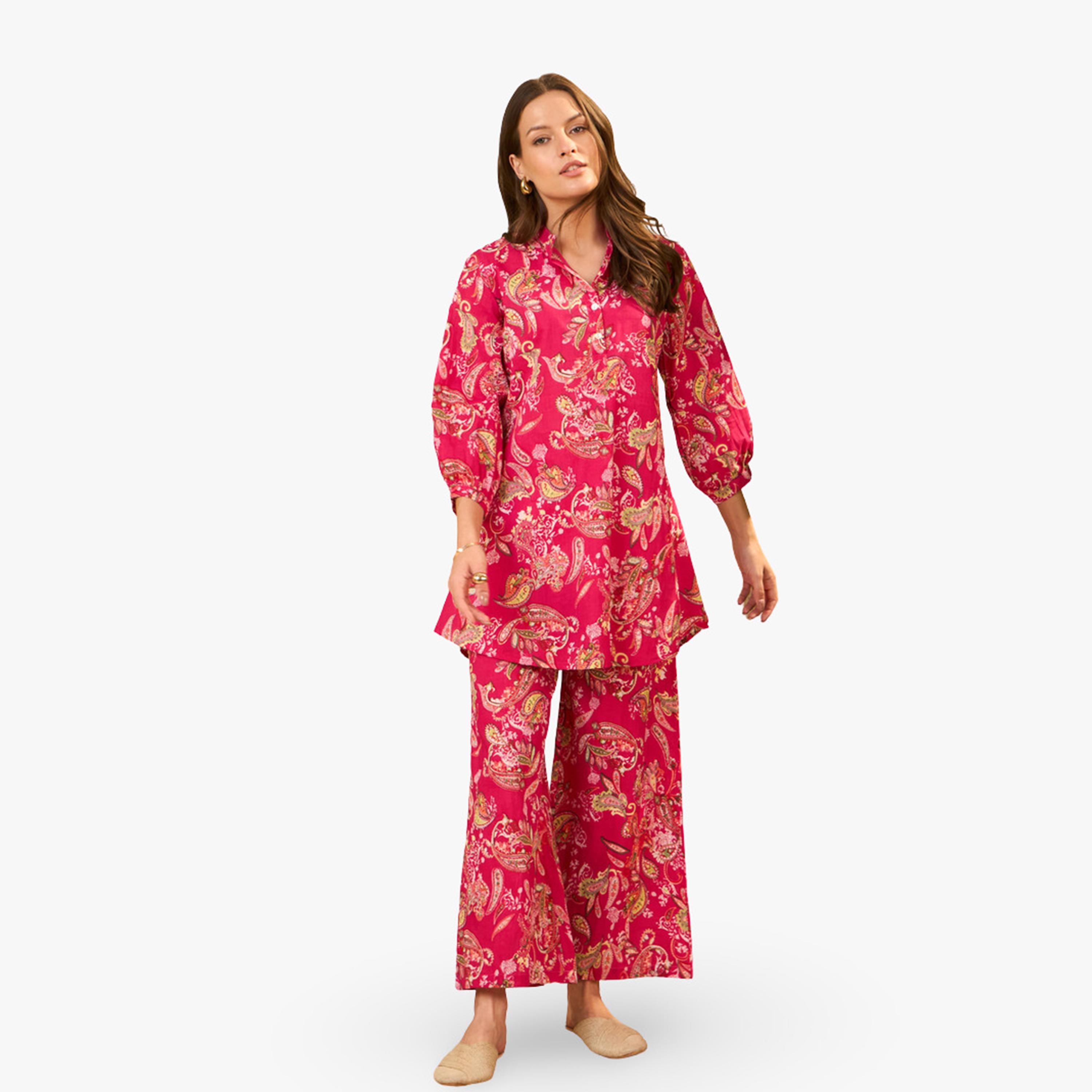 طقم منسق من بلوزة وبنطال بالازو قطن خالص بطبعة زهور-women-clothing-coordsets-image-1