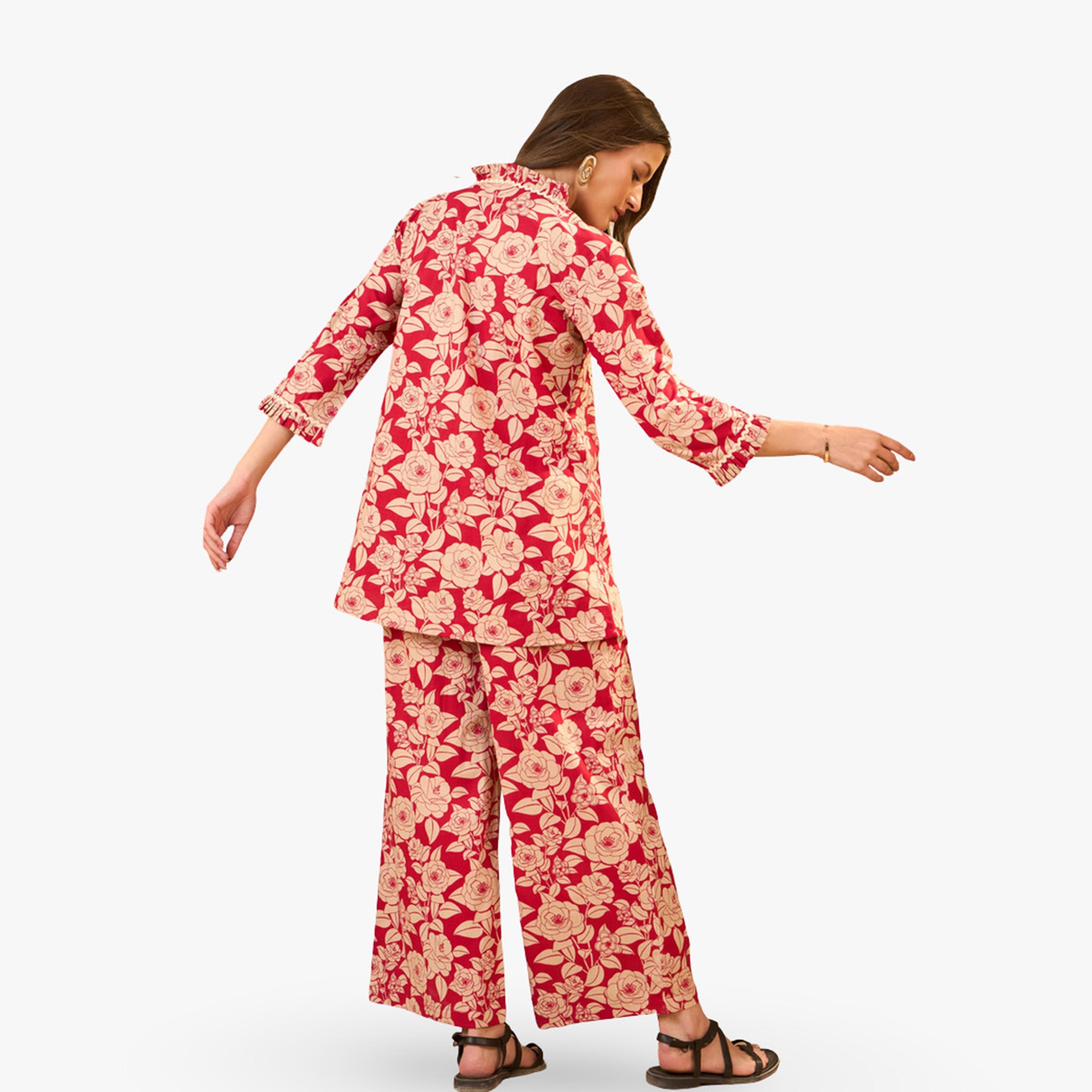 Imana X Styli Red Floral Printed Pure Cotton Top and Trousers Co-Ords-women-clothing-coordsets-image-2