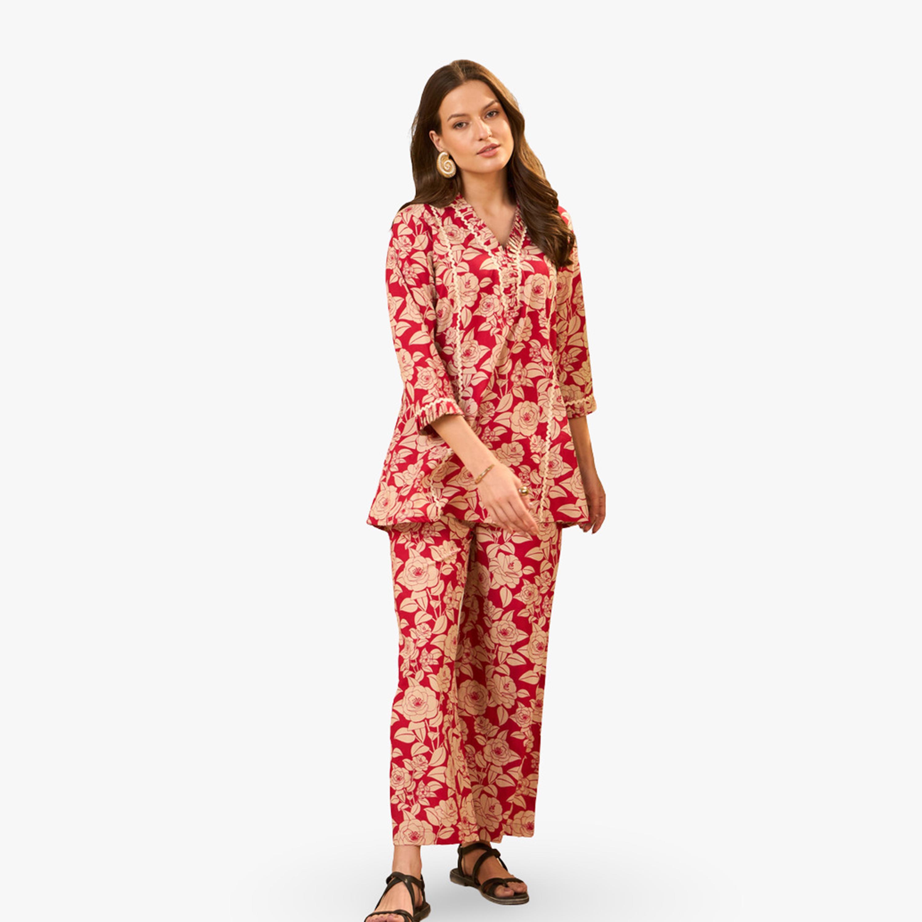 Imana X Styli Red Floral Printed Pure Cotton Top and Trousers Co-Ords-women-clothing-coordsets-image-3